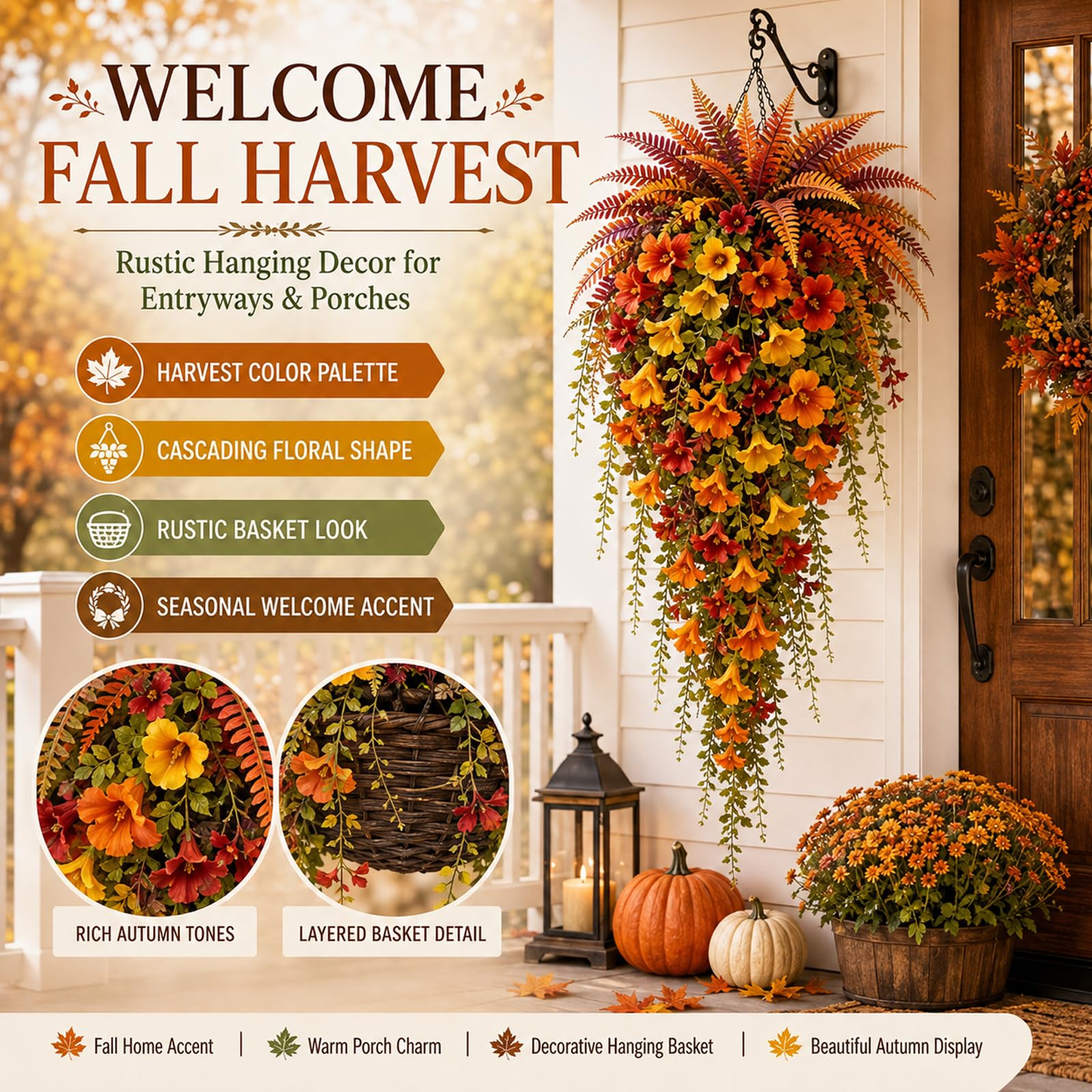 Felce artificiale per decorazione autunnale per esterni, decorazione autunnale per portico e porta, con erba persiana e gloria mattutina, set da 2