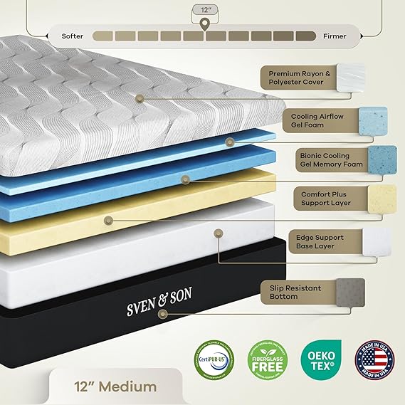 Sven & Son Classic Adjustable Bed Base, Head and Foot Lift, Massage, Under-Bed Lights, USB, Gel Memory, Zero Gravity Smart Frame - Split King + 12 inch Memory Foam Matt (Medium)