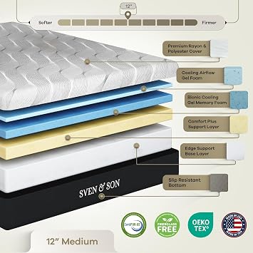 Sven & Son Classic Adjustable Bed Base, Head and Foot Lift, Massage, Under-Bed Lights, USB, Gel Memory, Zero Gravity Smart Frame - Split King + 12 inch Memory Foam Matt (Medium)