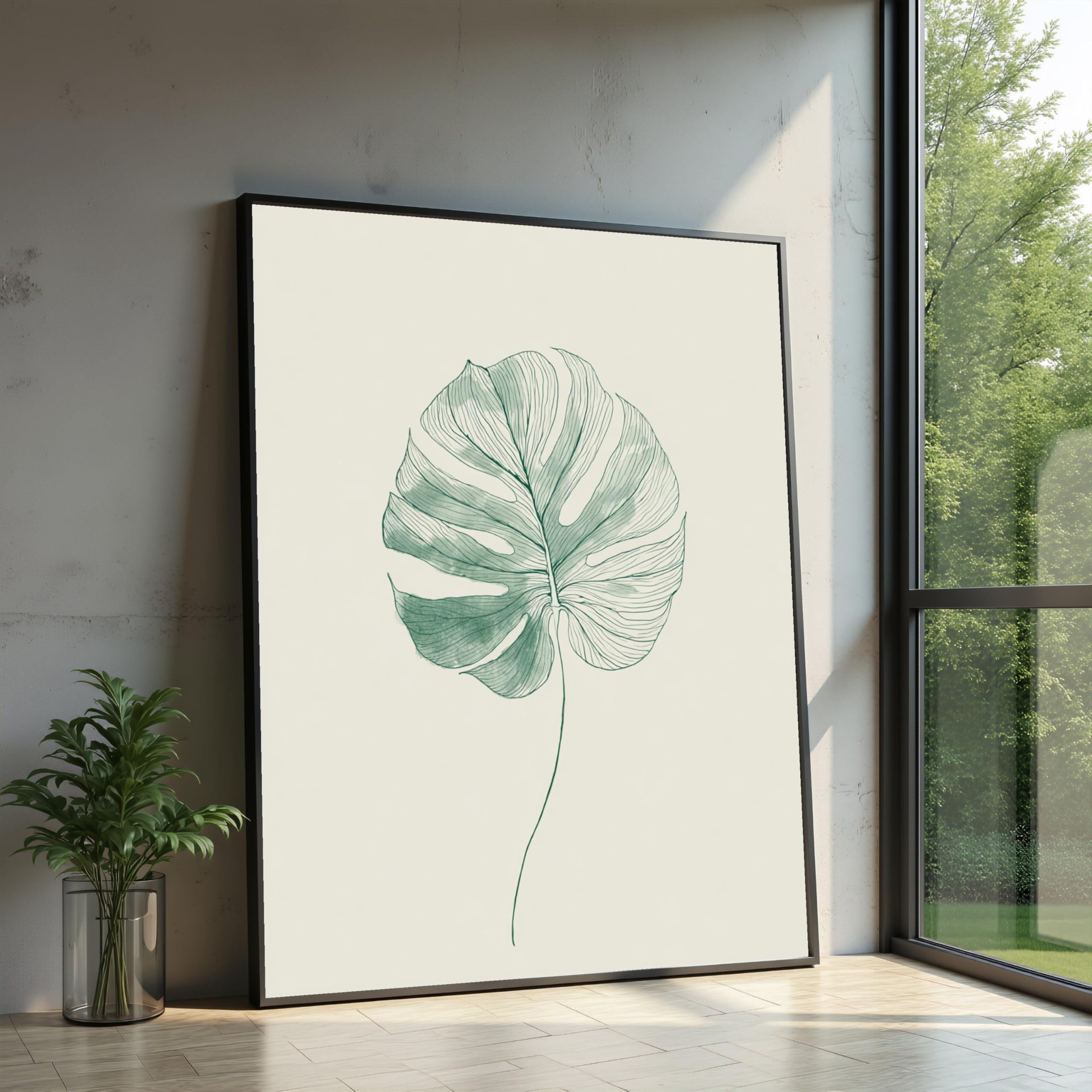 XINBAO Minimalistyczny obraz liści monstery, płótno, botaniczna sztuka ścienna, ilustracja zielonych roślin, dekoracja natury, nadruk liści (80 x 120 cm)