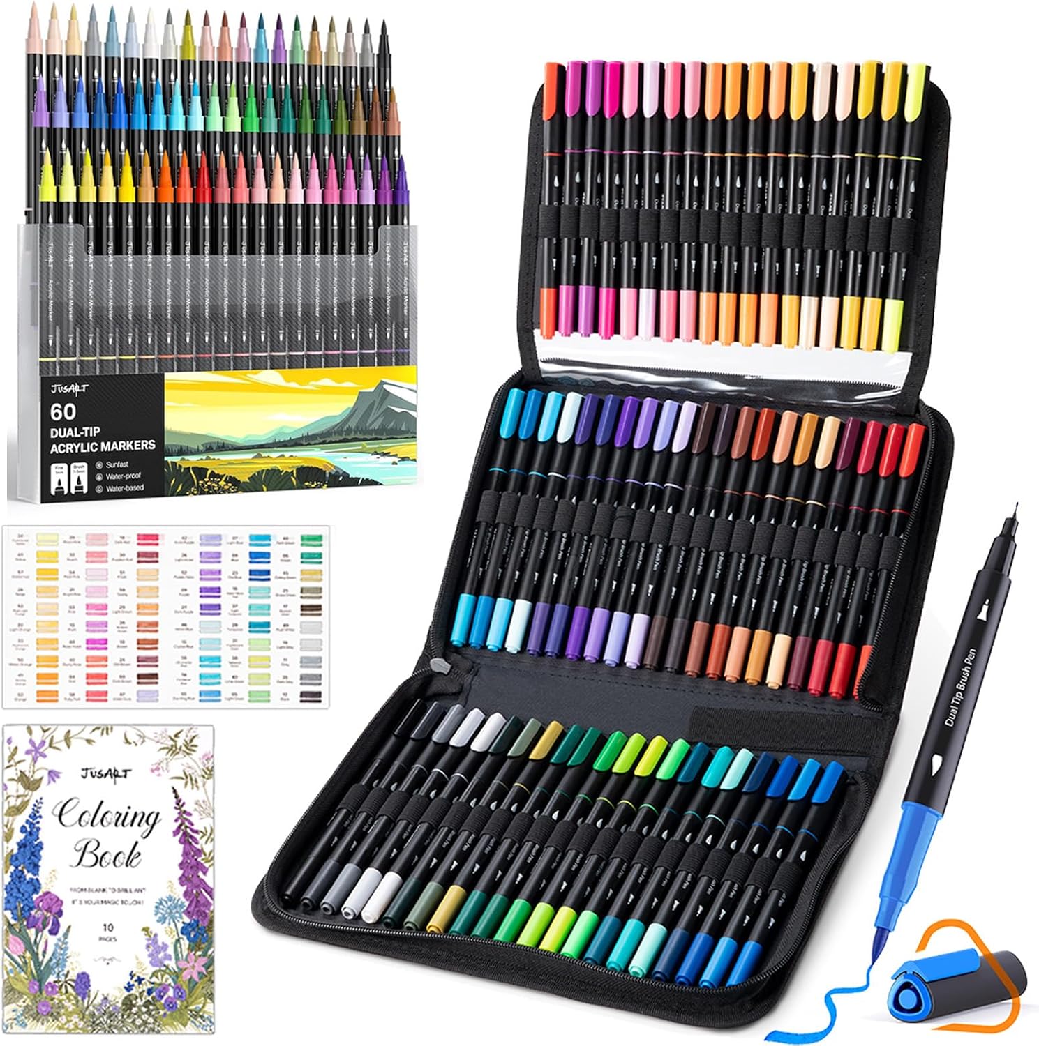 JusArt 60 Colors Acrylic Paint Pens Markers + Water Based Coloring Markers 60 Colors