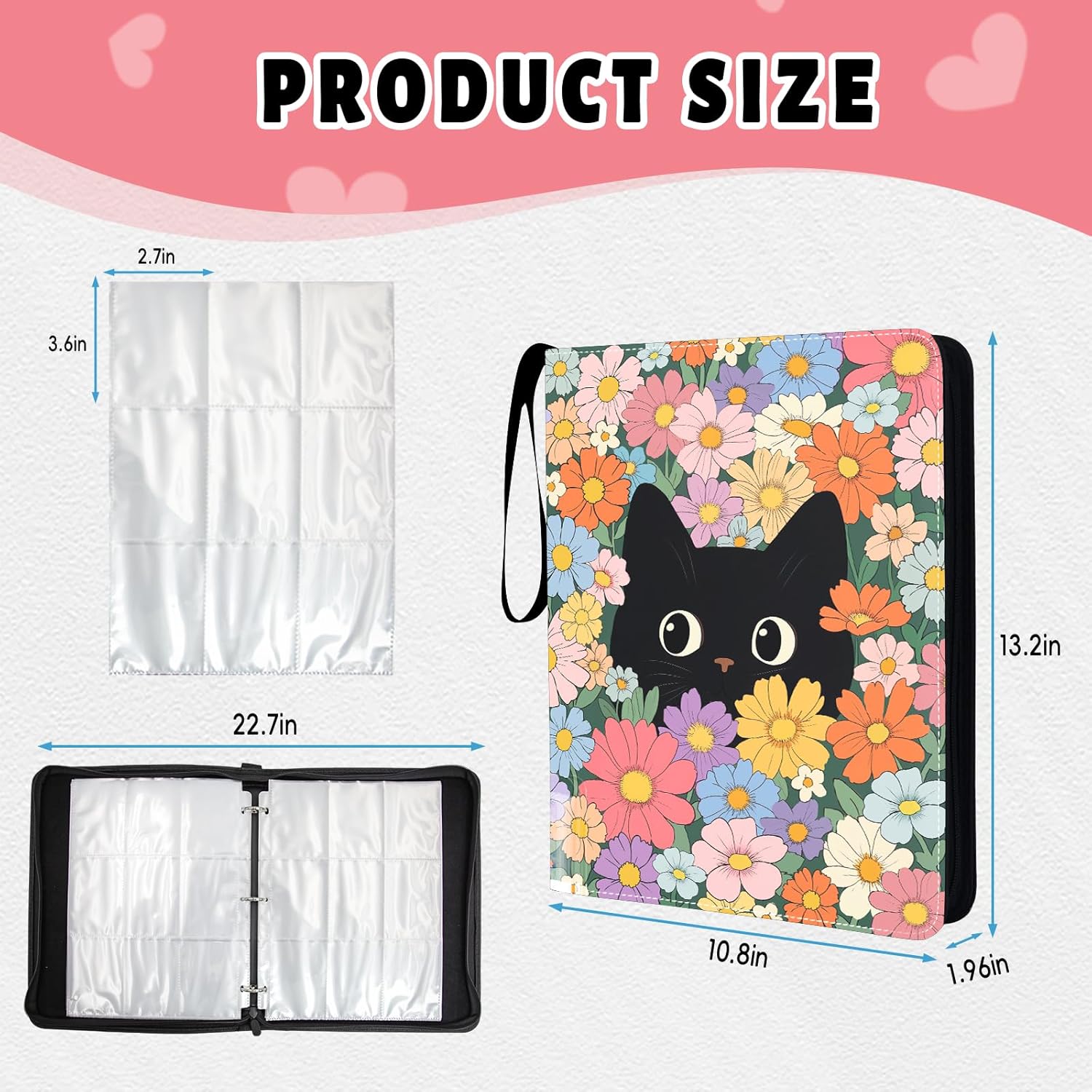 Cat 9 Pocket Card Binder for Girls - Cute Cat Trading Card Binder 9 Pocket, Girls Flower Cats Cards Collection Holder 900 Pockets, Zippered Trading Cards Folder for Girl Collection Organizer