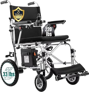 MALISA Electric Wheelchair, Ultra Lightweight Power Wheelchair, Folding Dual Motorized All Terrain Electric Wheelchairs, Comfortable Travel Wheelchair Silver Frame