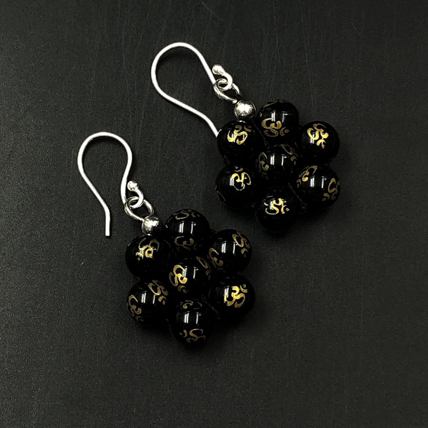 Black Om Gemstone 8mm Round Beaded 925 Sterling Silver Jewelry Earring, Stylish Earring For Her, Fine Jewelry, Drop & Dangle Earring, Sterling Silver, black om