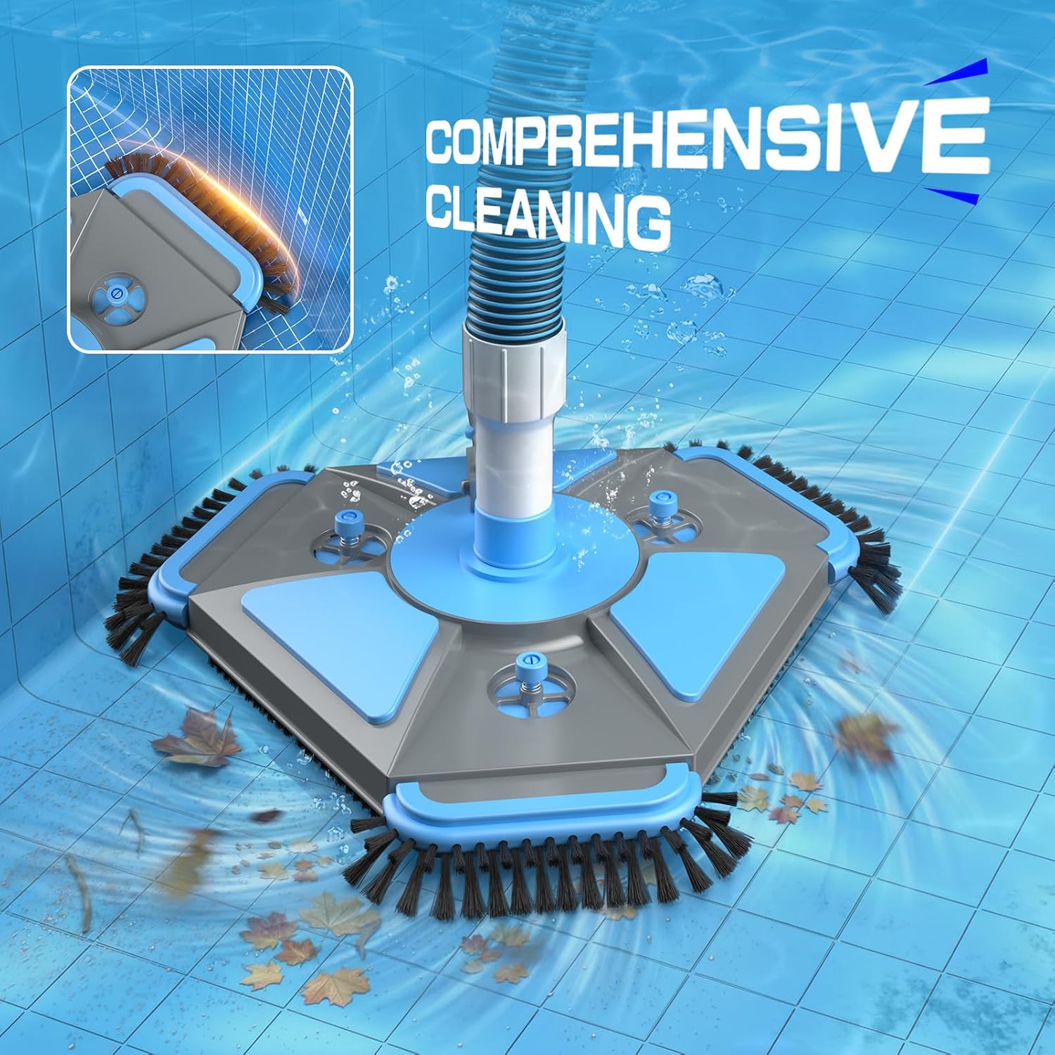 UIRWAY Upgrade Pool Vacuum Head with Side Brush & 360° Swivel Cuff, Heavy Duty Manual Kink-Resistant 1-1/2" x 30 Ft Vacuum Hoses, Weighted Triangular Shape for Inground & Above Ground Pool(No Pole)