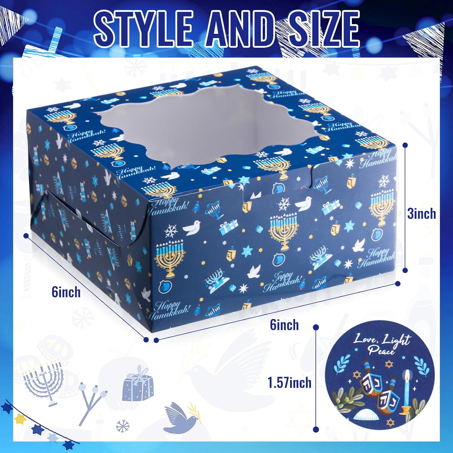 Tenare 60 Pcs Hanukkah Cookie Box with Windows and Stickers Hanukkah Gift Boxes Bulk Bakery Box for Gift Giving 6 x 6 x 3 Wrap Hanukkahs Party Candy Boxes for Party Supplies Macarons Donuts - Image 2