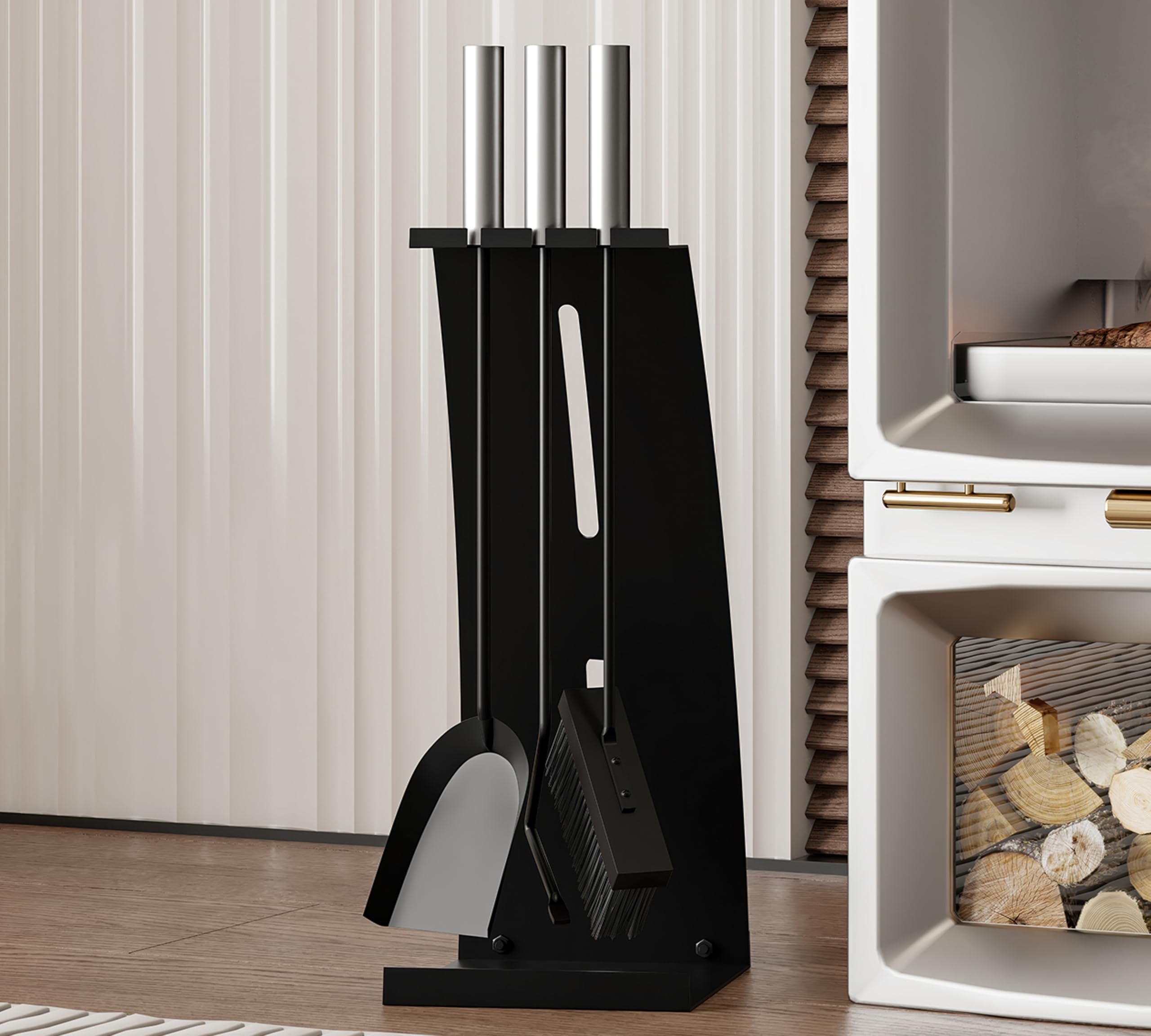 Kingson - Juego de 4 utensilios para chimenea con mangos de acero inoxidable – Juego moderno de accesorios para chimenea con soporte – Altura de 54,5 cm
