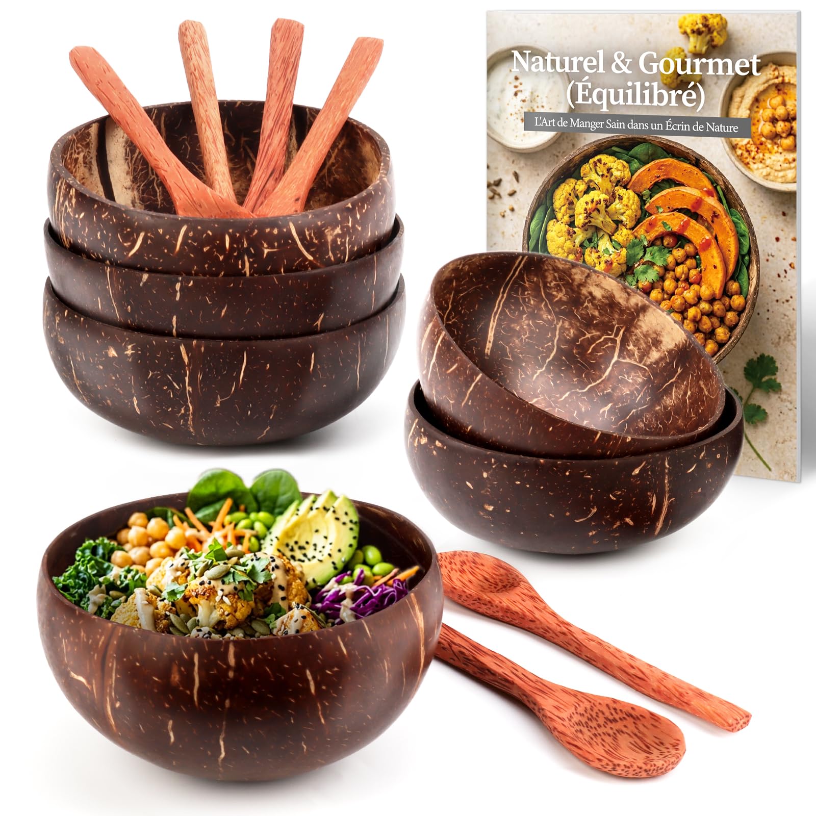 Bol en noix de coco pour poke bowl et salade pack de 6 pièces avec cuillères