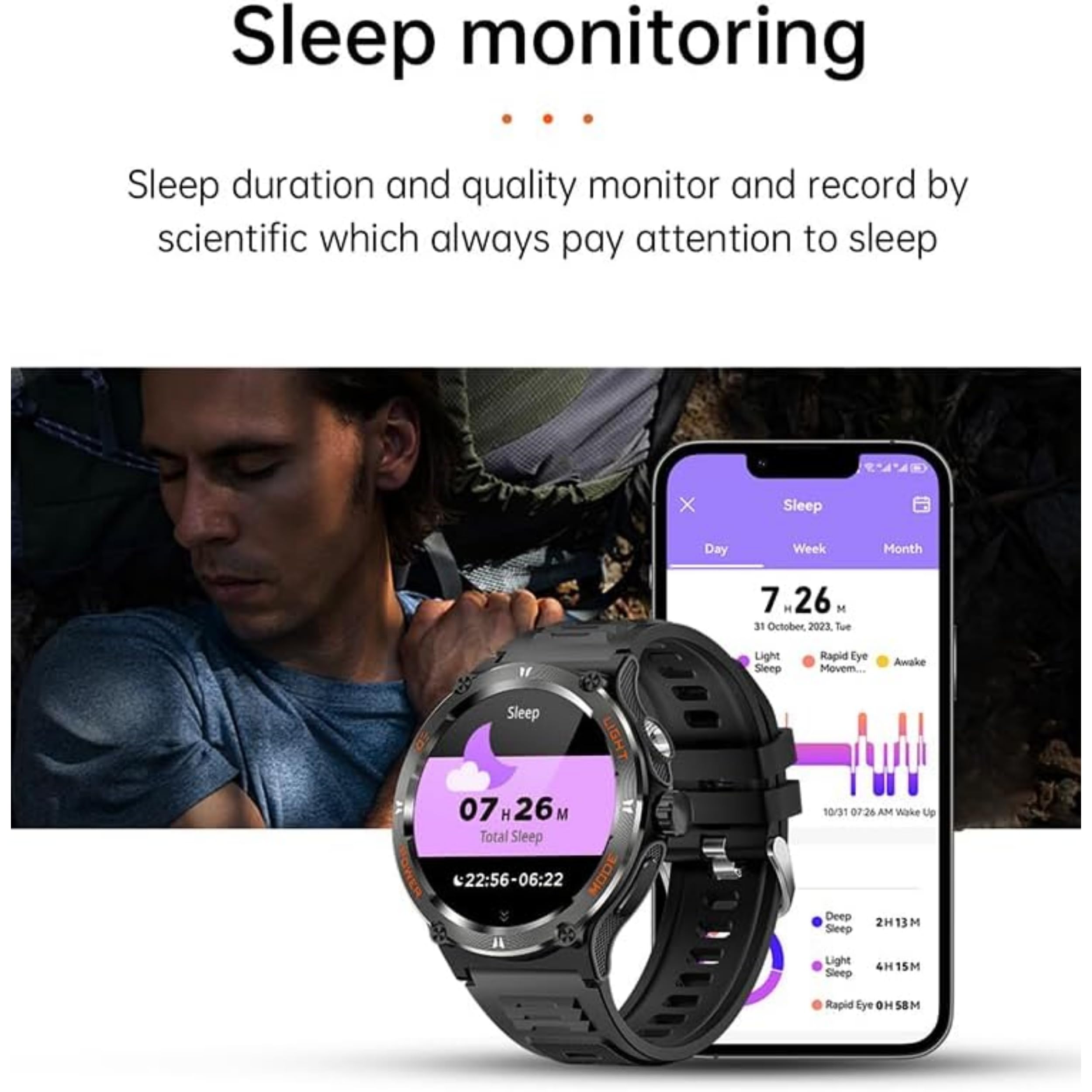 Montre Connectée Homme Sport Watch 1.53" HD 3ATM Etanche Smartwatch Militaire Boussole Torche LED Fréquence Cardiaque SpO2 Noir