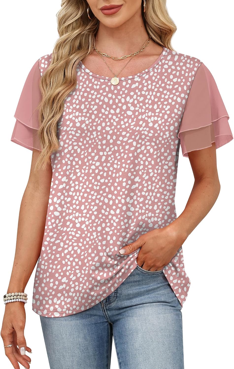 WIHOLL Womens Summer Tops Trendy Ruffle Sleeve Shirts Casual Chiffon Blouses Beach Vacation Clothes