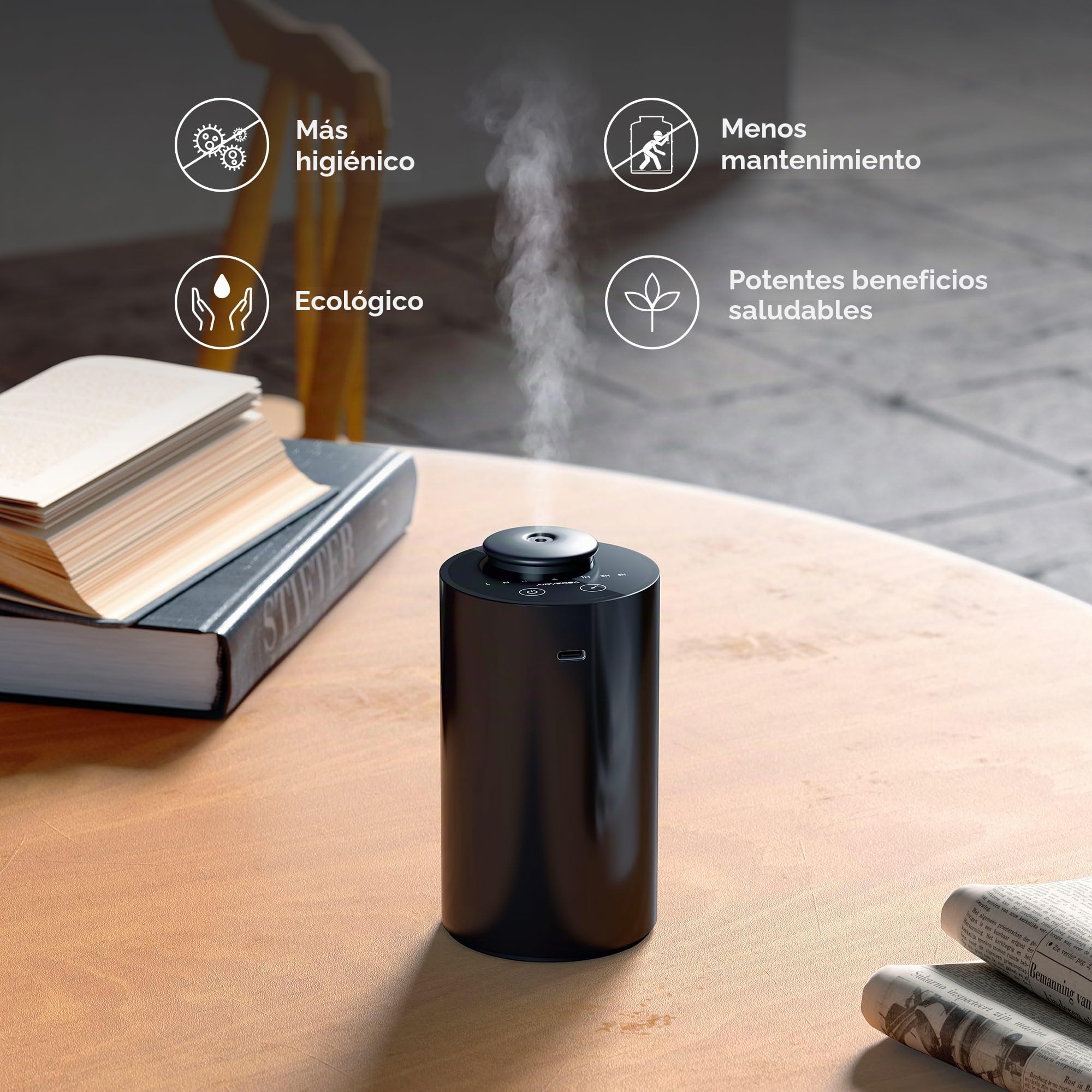 Airversa Difusor de aceites Esenciales sin Agua. Nebulizador a Pilas, Mini máquina de Aromas. Aromaterapia, 4 temporizadores, 3 Niveles de Vapor. para casa, Coche, Oficina. AN6 Negro