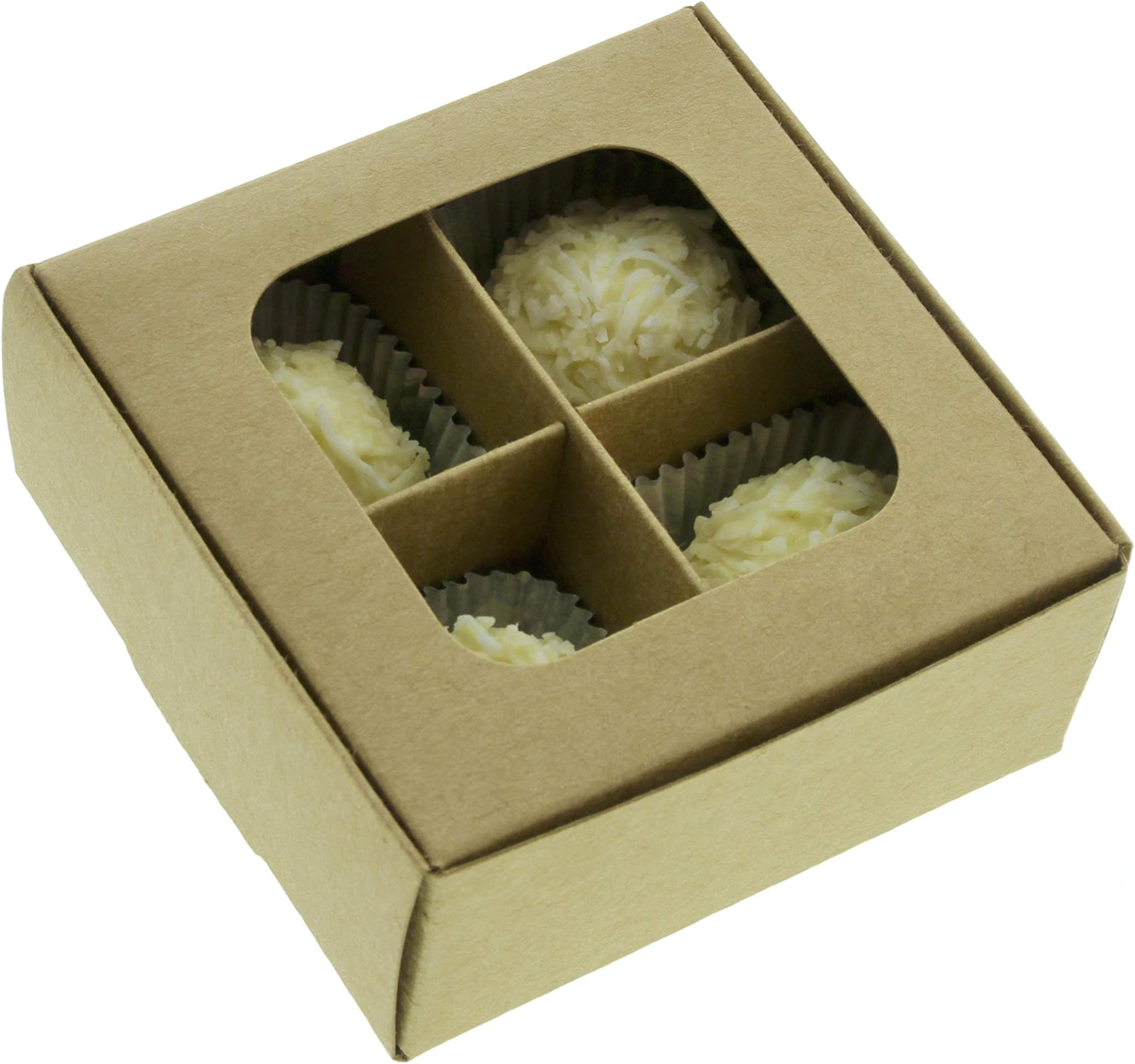Treat boxes with window and dividers | 4 X-SMALL compartments | 3.5 x 3.5 x 1.57 in | Empty candy boxes for gift giving, truffle box - perfect for Valentine's Day | 20-pack (Kraft)