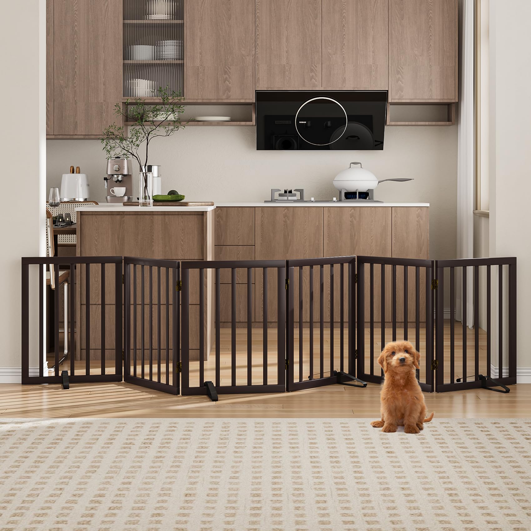 Morwdxef Freistehendes Hundegitter, Faltbares Hundebarriere für Tür,Treppen,Flur,Küche & Schlafzimmer, Freistehenden Haustiergitter aus Bambus, Absperrgitter Hund Schutzgitter mit 4 Stützfüßen
