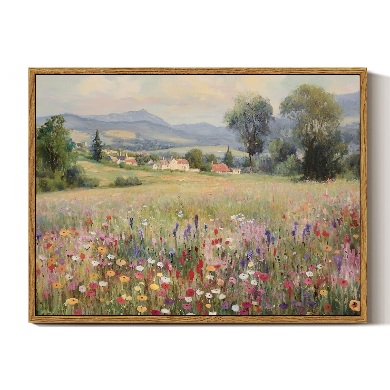 InSimSea Framed Canvas Prints Art Vintage Decor, Wildflower Meadow Landscape Antique Painting, Rustic Spring Wall Art for Living Room Bedroom Home