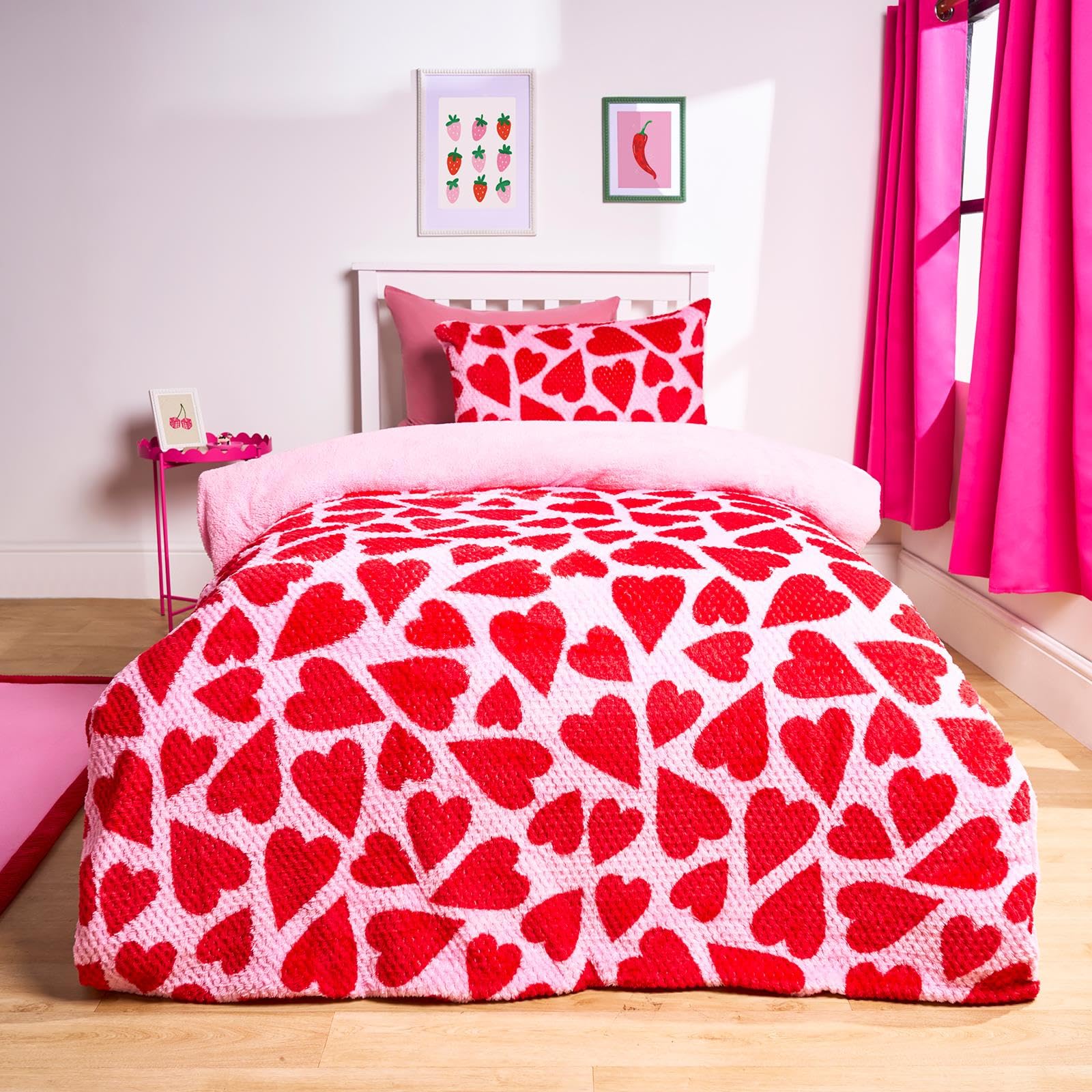 Ohs Women's Pink/Red Single Fleece Duvet Cover, For Girls Heart Print Waffle Fleece Duvet Super Soft Cosy Warm Sherpa Reversible Single Duvet Cover Set With Pillowcase,