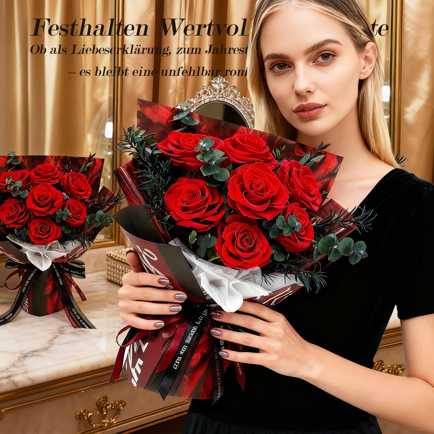Ewige Rosen Blume Strauß mit Vase und LED Licht, 7 Rosenstrauß Konservierte Blumenstrauß Infinity Rosen Strauß Geschenke für Frau, Freundin, Mama zum Geburtstag, Valentinstag, Weihnachten