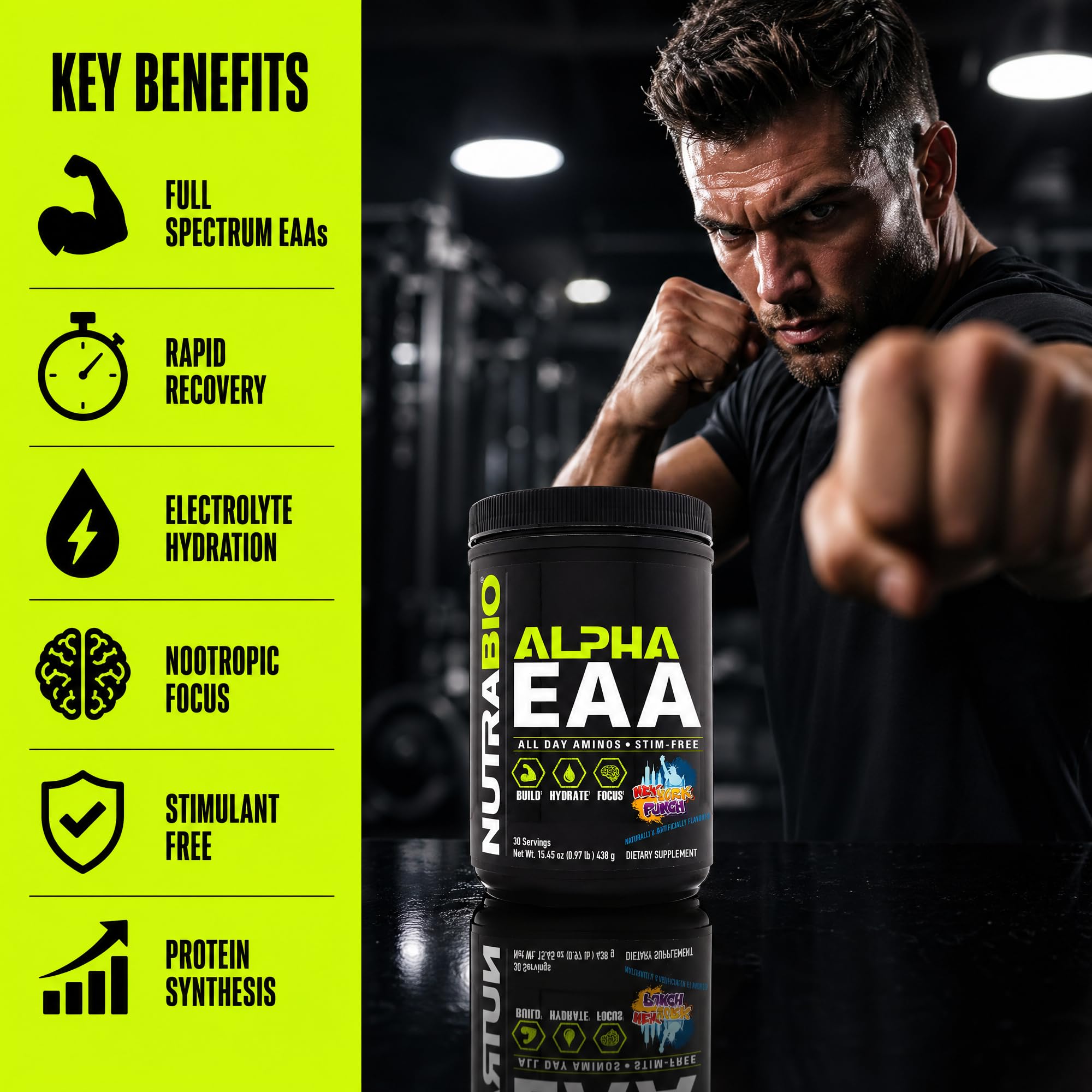 NutraBio Alpha EAA - All-Day Amino Acids for Muscle Growth and Hydration - Essential Amino Acids with Nootropics & Adaptogens- Full Spectrum EAA BCAA Powder - 30 Servings - New York Punch — Amazon image 5