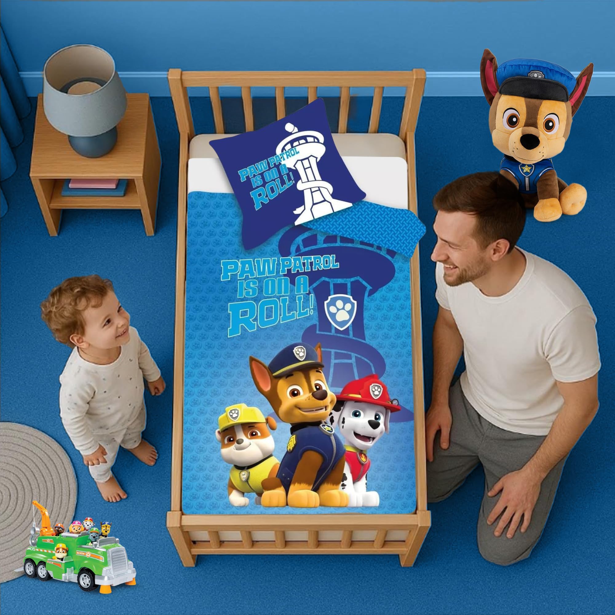 Paw Patrol - Parure de lit pour lit de bébé, housse de couette 100 x 140 cm + taie d'oreiller 40 x 45 cm, 100% coton, douce et respirante, pour lit de nouveau-né ou d'enfant, motif : Paw Patrol