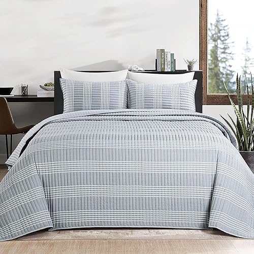 Vista 2 de HOMBYS Juego de edredón King extragrande de seersucker con diseño de retazos de 128x120, juego de colcha y cubrecama ligera a cuadros, decoración