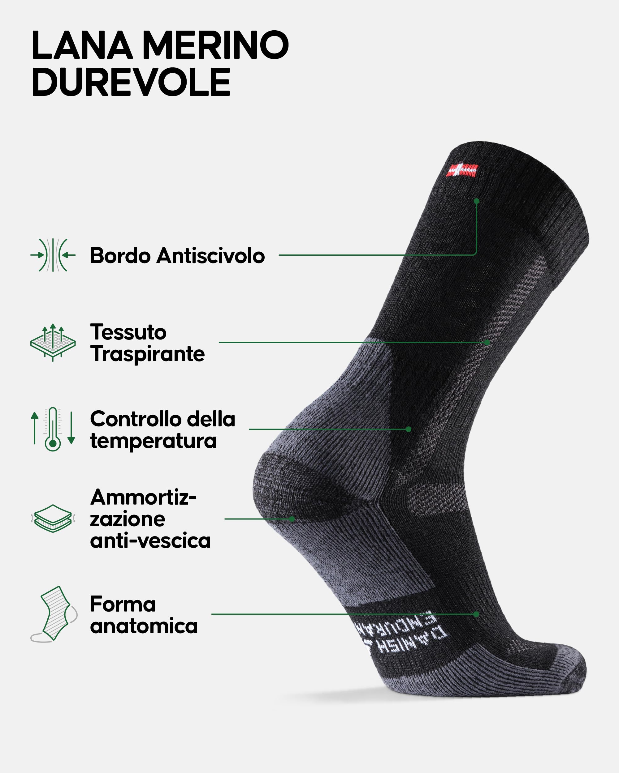 DANISH ENDURANCE Calze Trekking in Lana Merino, Anti-Vescica, Calzini Escursionismo da Uomo, Donna, Bambino, 3 Paia