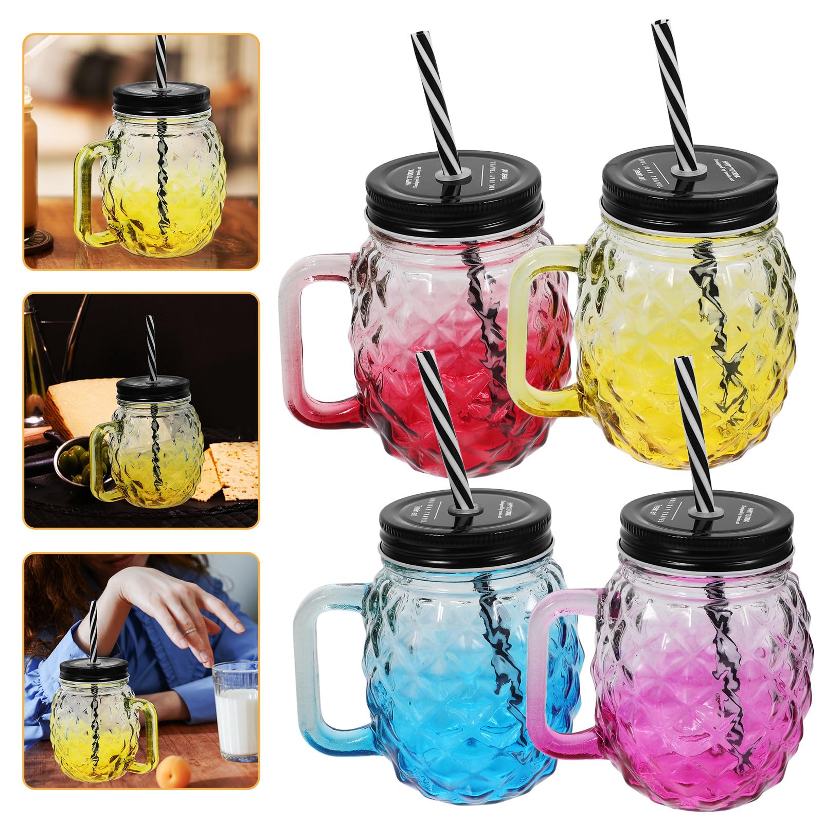 Set 4 Tazze in Vetro Coperchio Antigoccia e Design a Forma di Ananas, Perfette per Lavoro e Scuola, Tazze Portatili Resistenti e Versatili