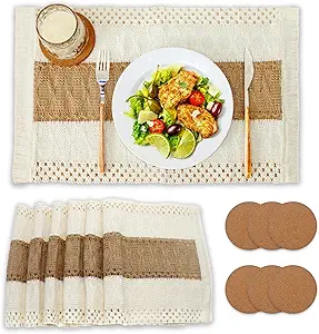 Boho Placemats and Cork Coasters Pack of 6,Natural Cotton Burlap Place Mats and Cork Coasters, Macrame Table Decor Dining Table Home Kitchen Décor for Party,Birthday,Anniversary and More