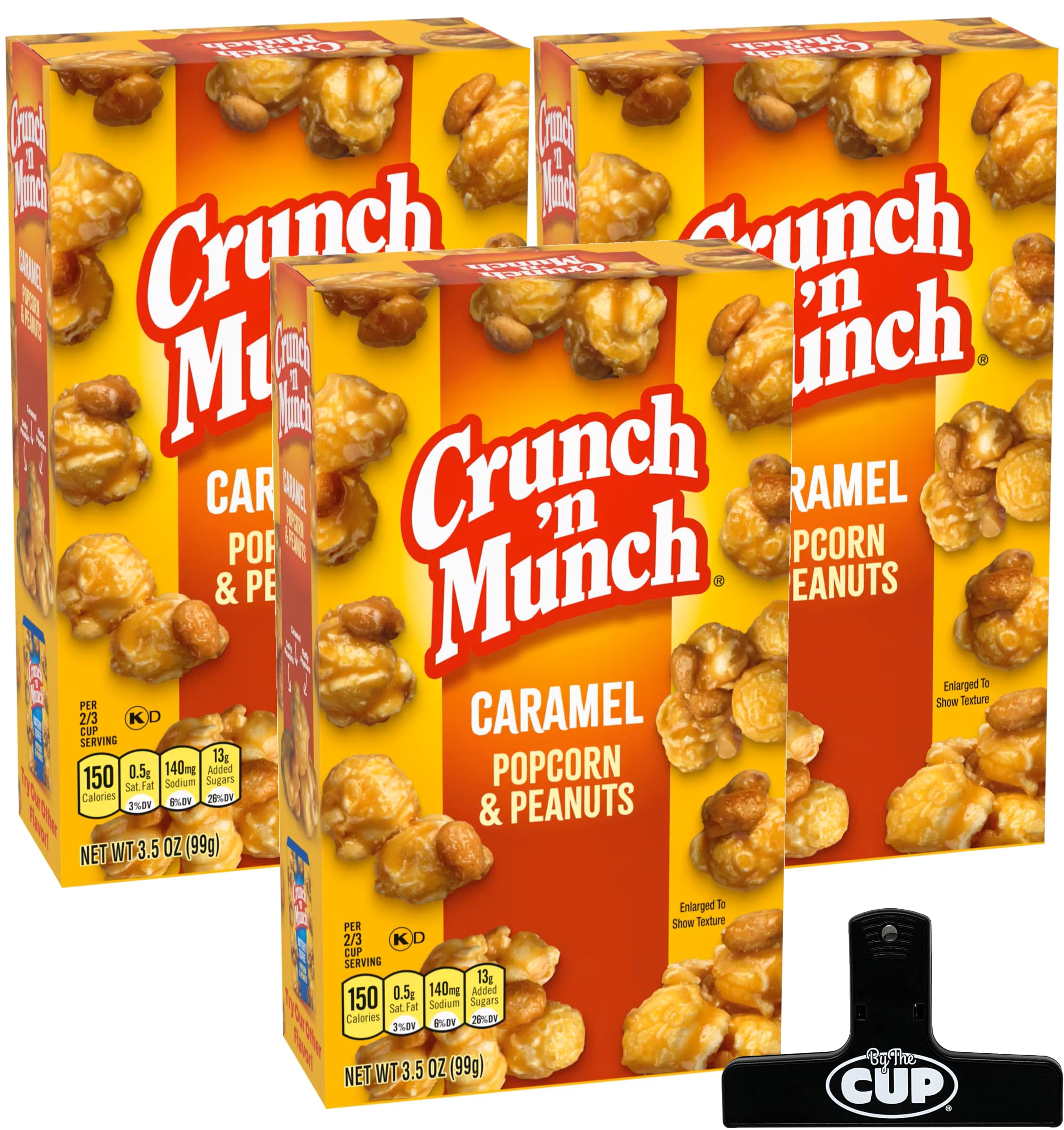 Crunch 'n Munch Caramel Popcorn & Peanuts, 3.5 oz (Pack of 3) with By The Cup Bag Clip