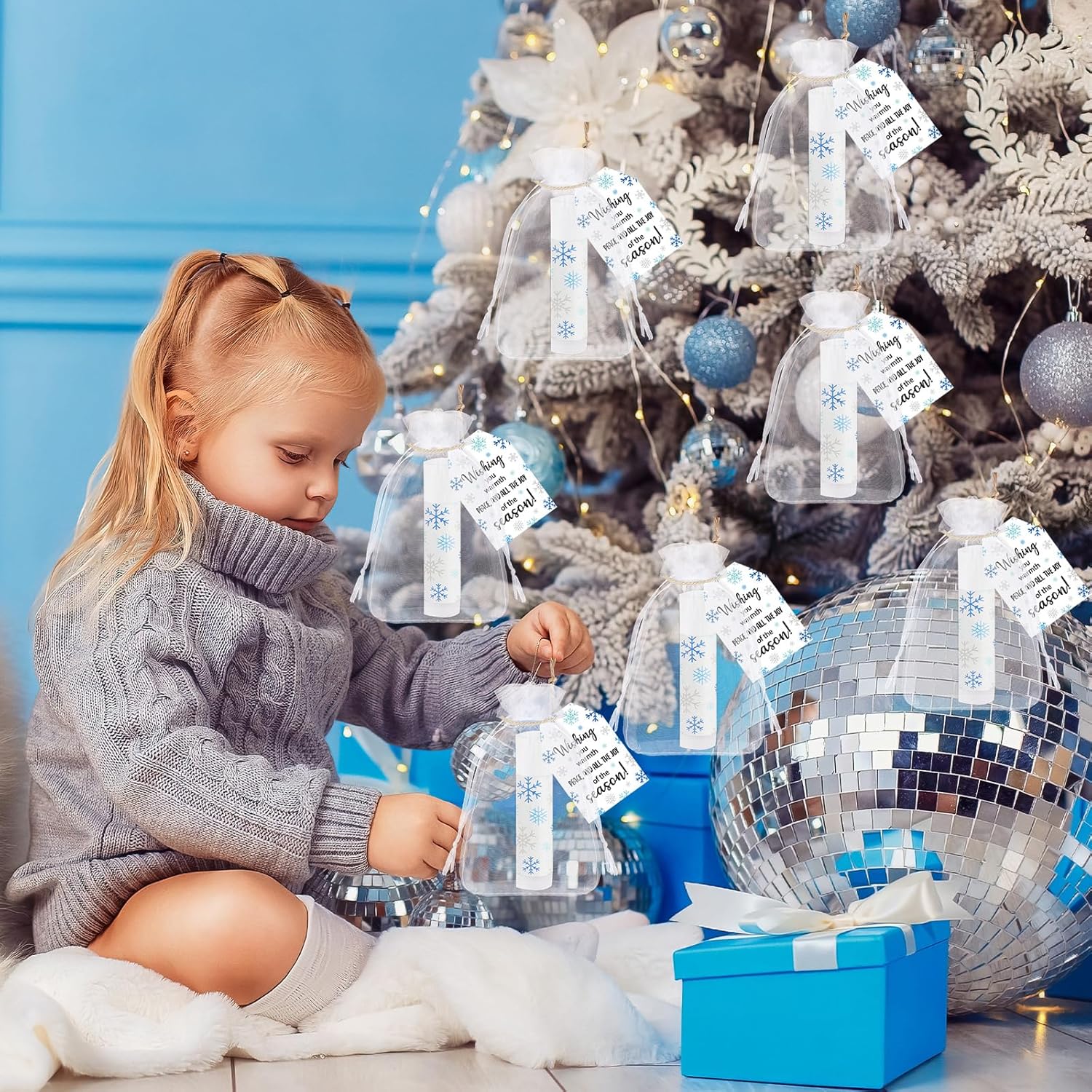 50 Pack Winter Lip Balm Gift Bulk, Moisturizing and Nourishing Lip Balm Appreciation Gift, Winter Holiday Xmas Birthday Party Favors Supplies for Women Men Coworker Employee Teacher(Blue Snowflake)