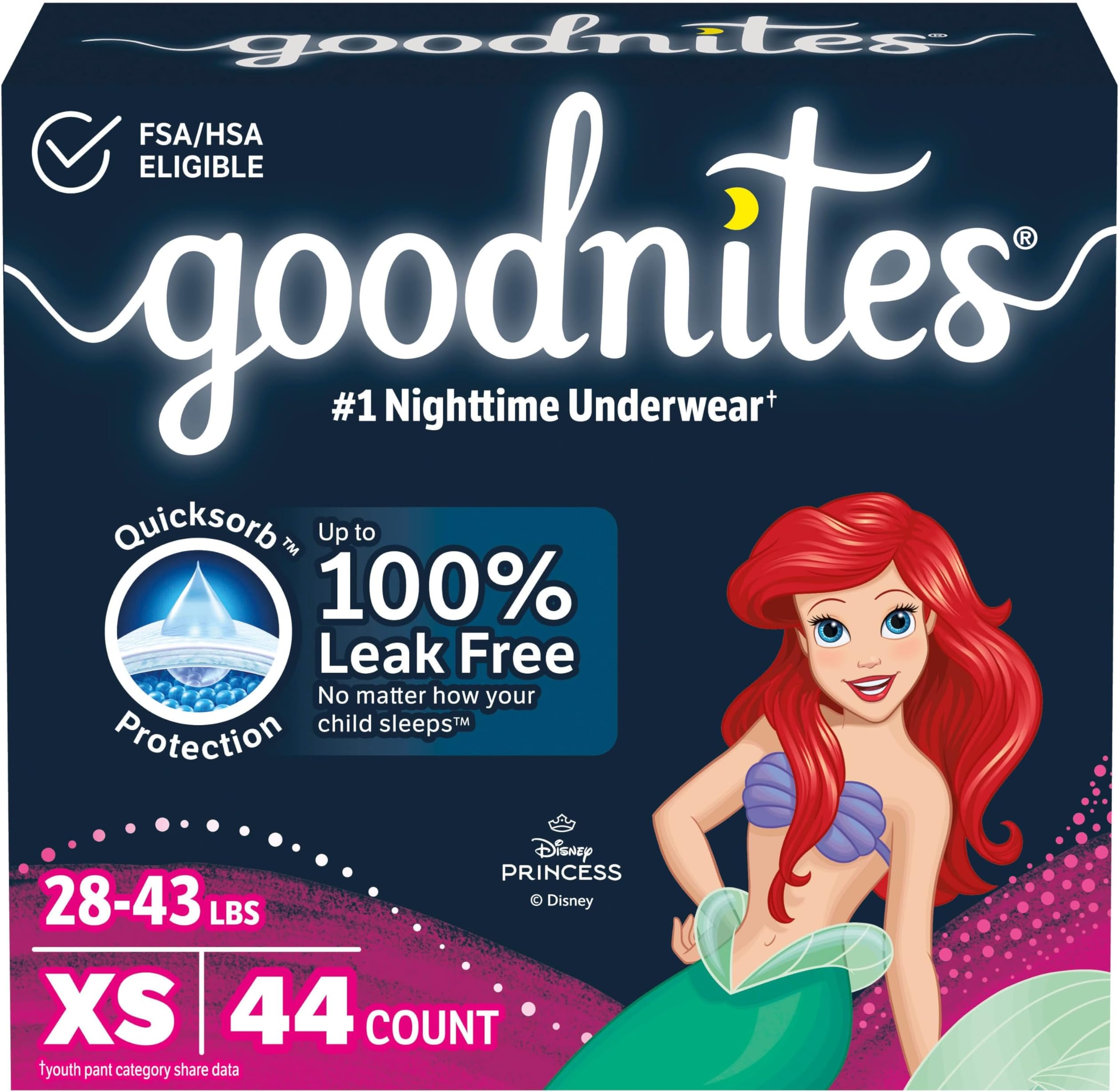 Girls' Nighttime Bedwetting Underwear, Size Extra Small (28-43 lbs), 44 Ct (2 Packs of 22), Packaging May Vary