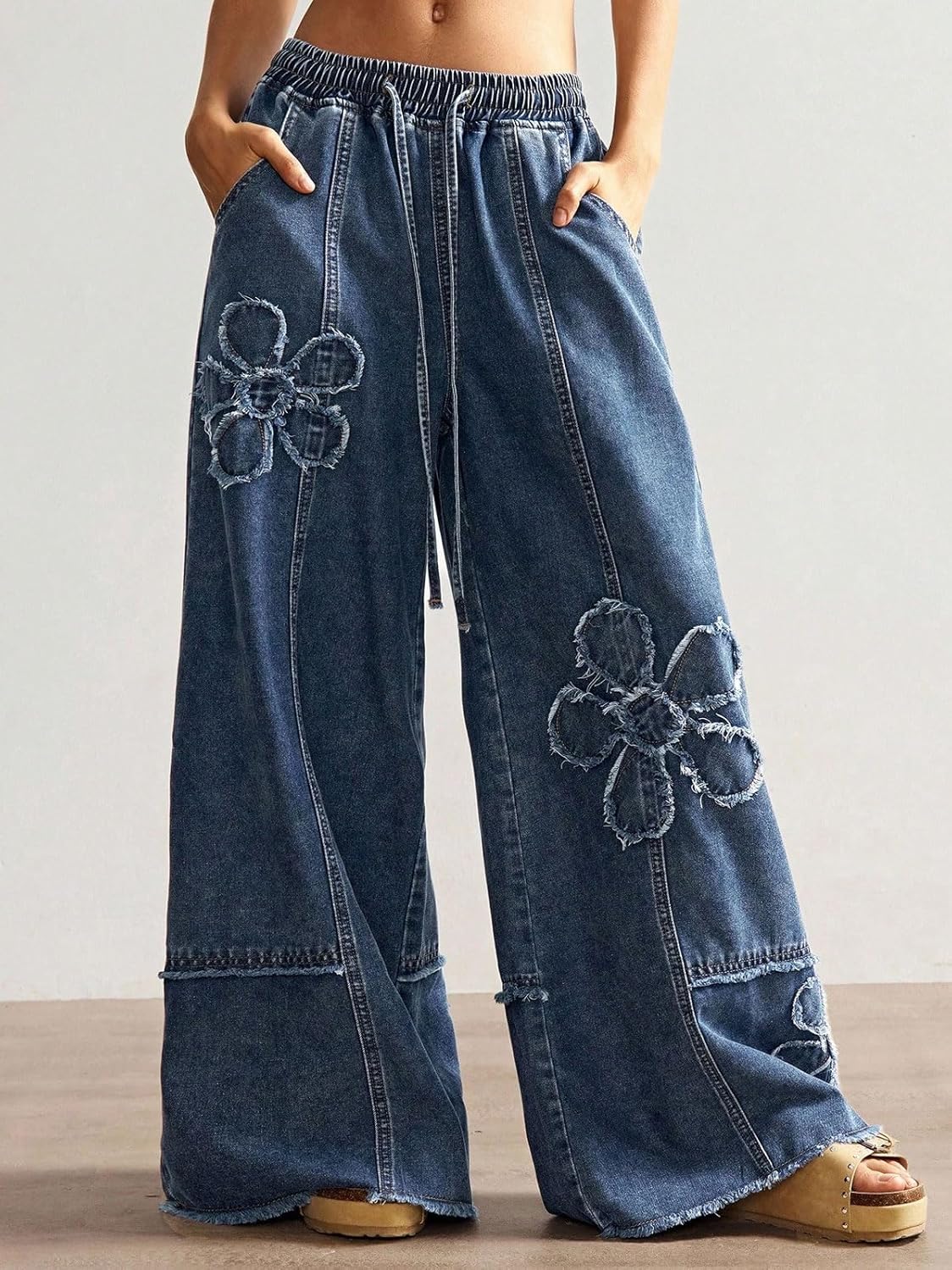 CHARTOU Baggy Wide Leg Jeans Women Drawstring Elastic High Waisted Distressed Floral Denim Pants Y2k Jeans