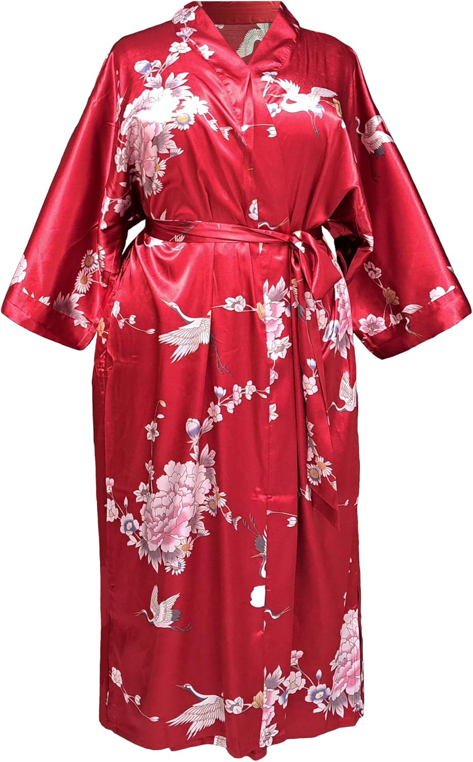 RED DOT BOUTIQUE 696 Plus Size Women's Smooth Satin Silky 3/4 Sleeves Kimono Long Robe Crane Floral