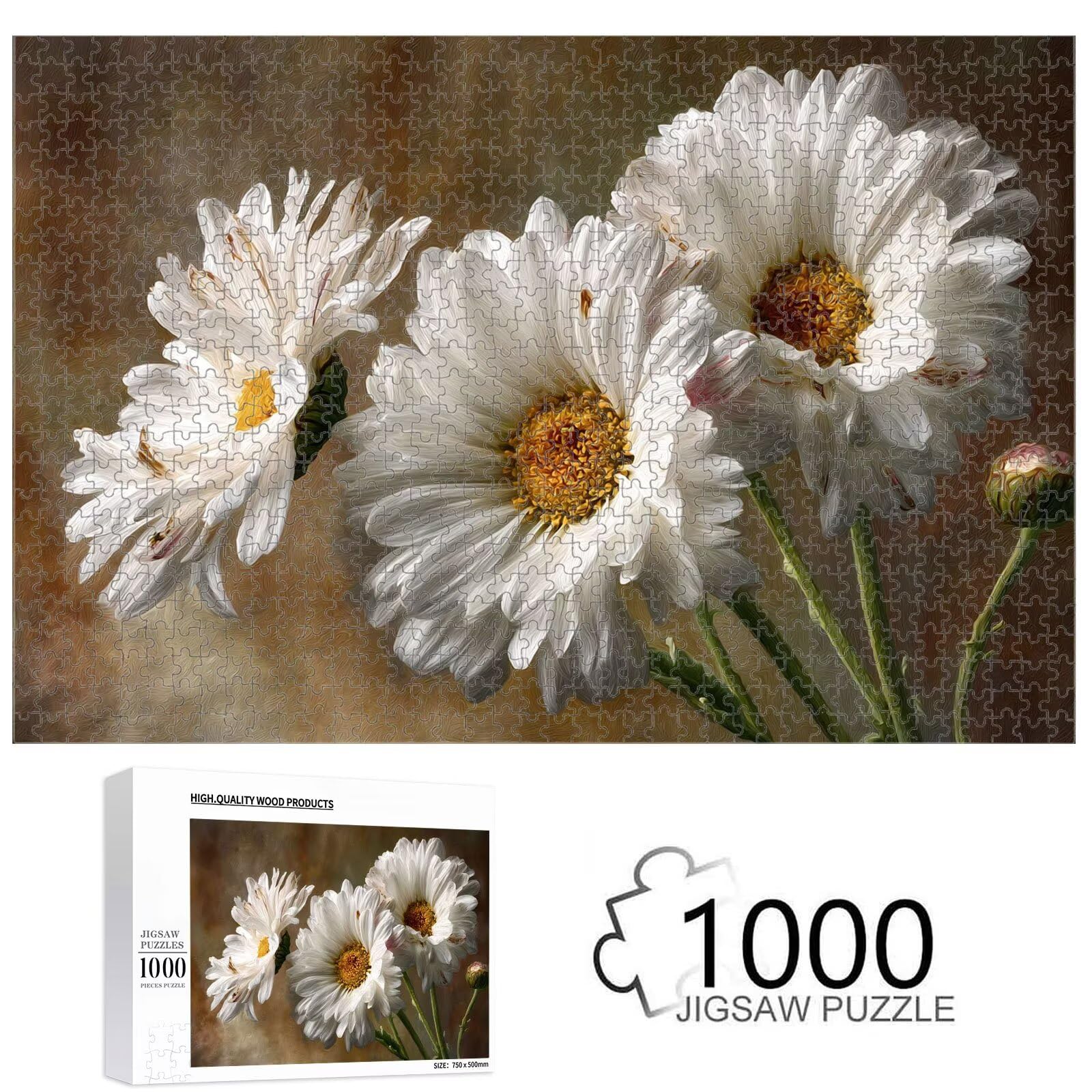 1000 Teile Puzzle für Erwachsene, Gänseblümchen & Weiß Holz Puzzle 1T#847