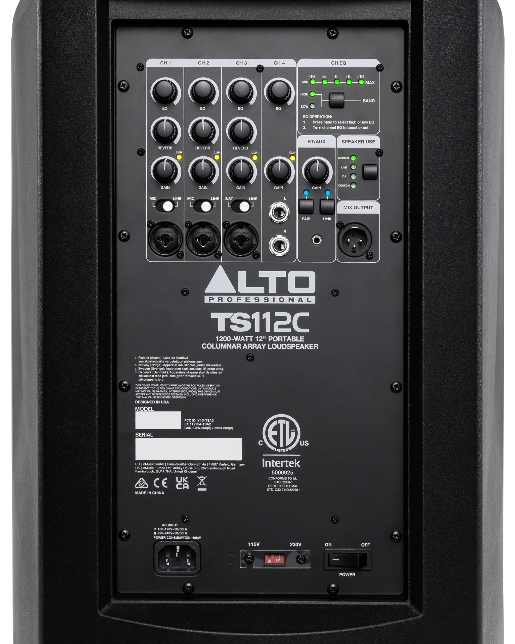 ALTO TS112C 1200-Watt Aktives Säulen PA Lautsprecher mit 5-Kanal Mixer Bluetooth