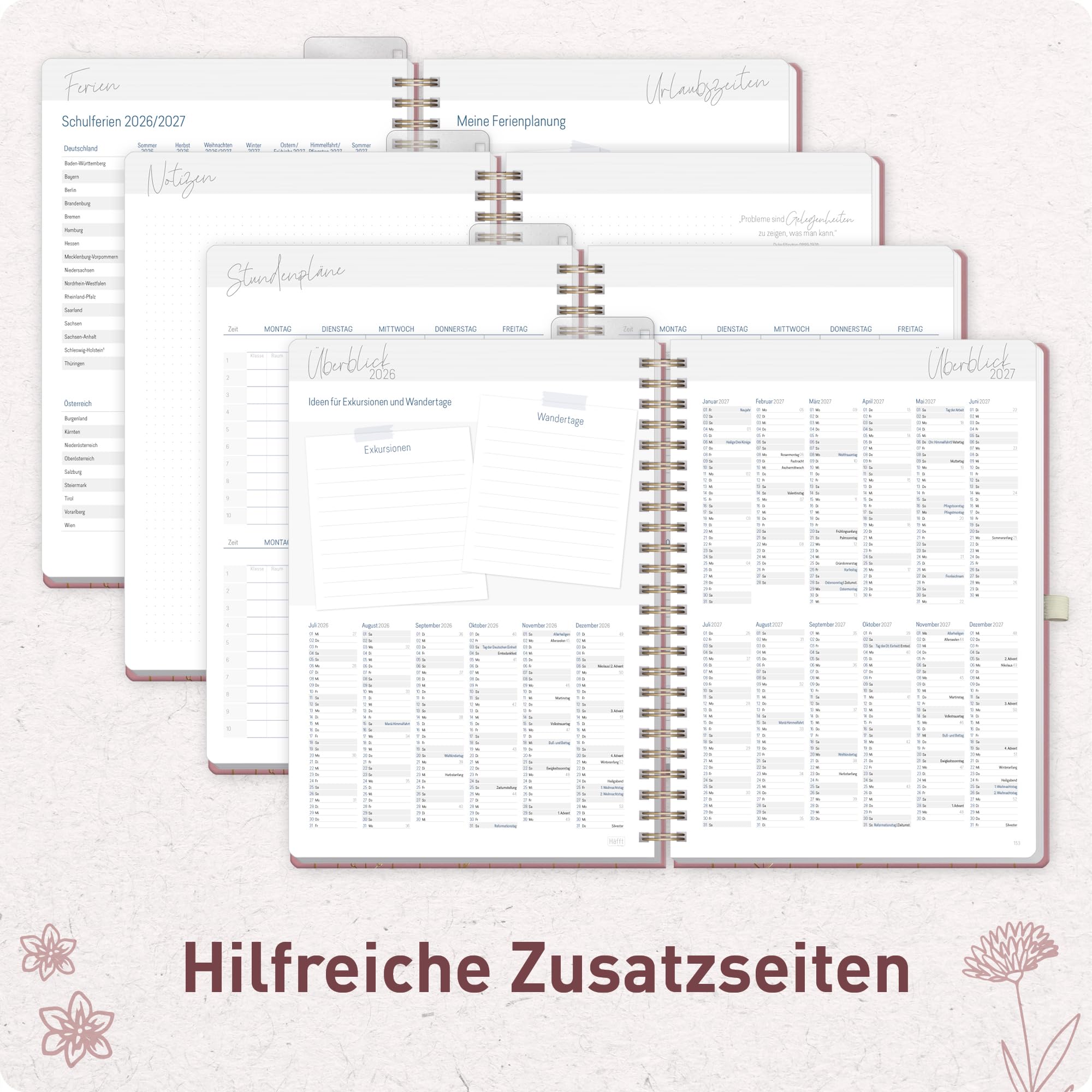 Häfft® Lehrerplaner 2026/2027 A4+ Deluxe - Großer Lehrerkalender & Schulplaner 26/27 mit Kunstleder-Einband & Spiralbindung "Fine Flowers" für Grundschule, weiterführende Schulen & Referendariat