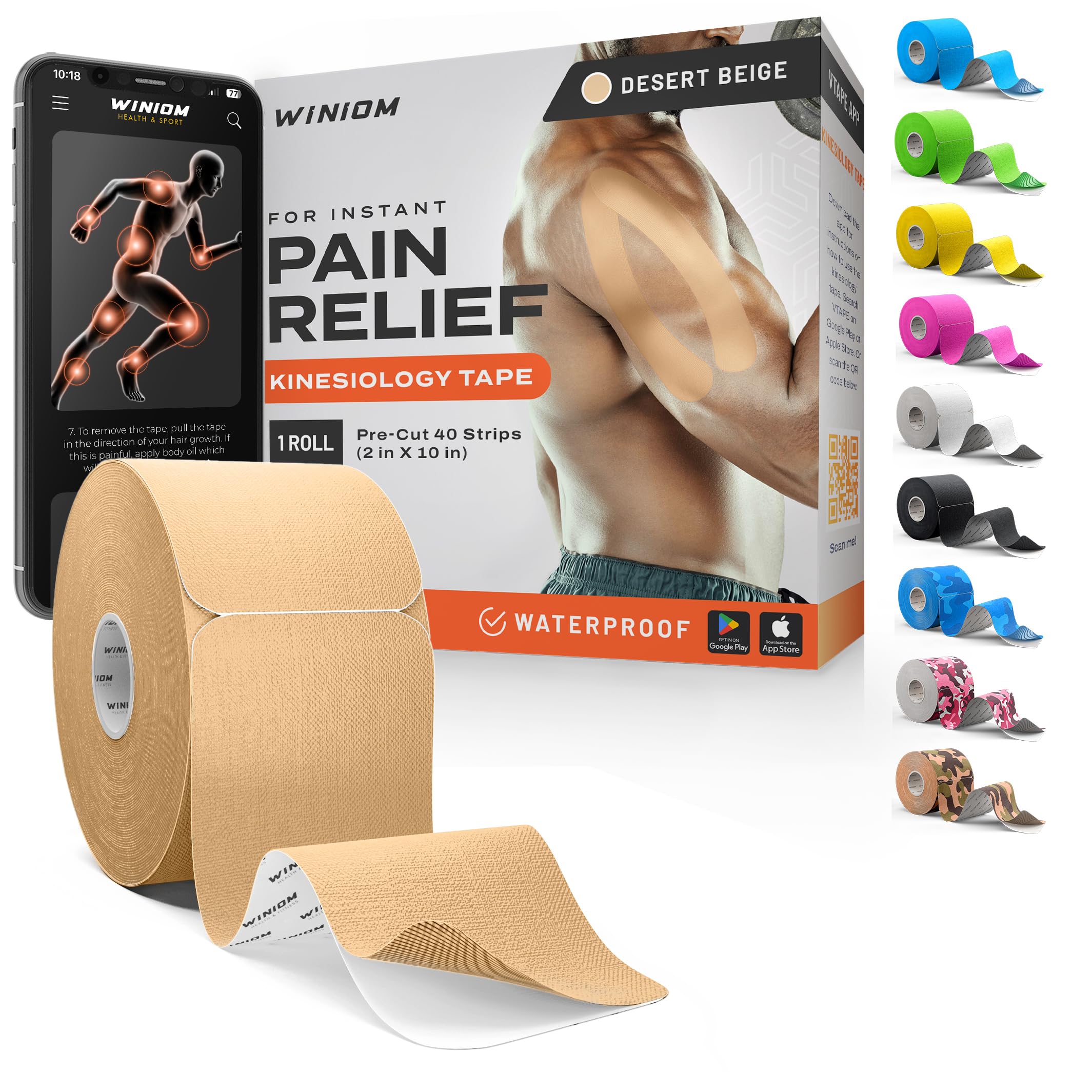 Kinesiology Tape - Waterproof Athletic Sports Tape for Knee, Shoulder, Arm &amp; Back Support | 3-5 Day Adhesion, Hypoallergenic &amp; Latex-Free + Taping Guide (Precut, 2"x32ft Roll, Desert Beige)