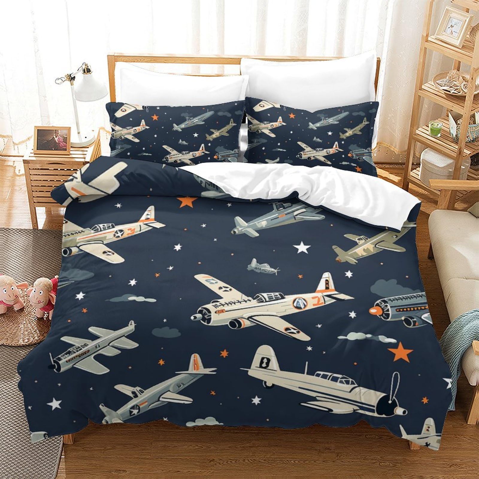 Housse de couette avion 3D sans repassage pour grand lit ado 220x240cm en microfibre zippée