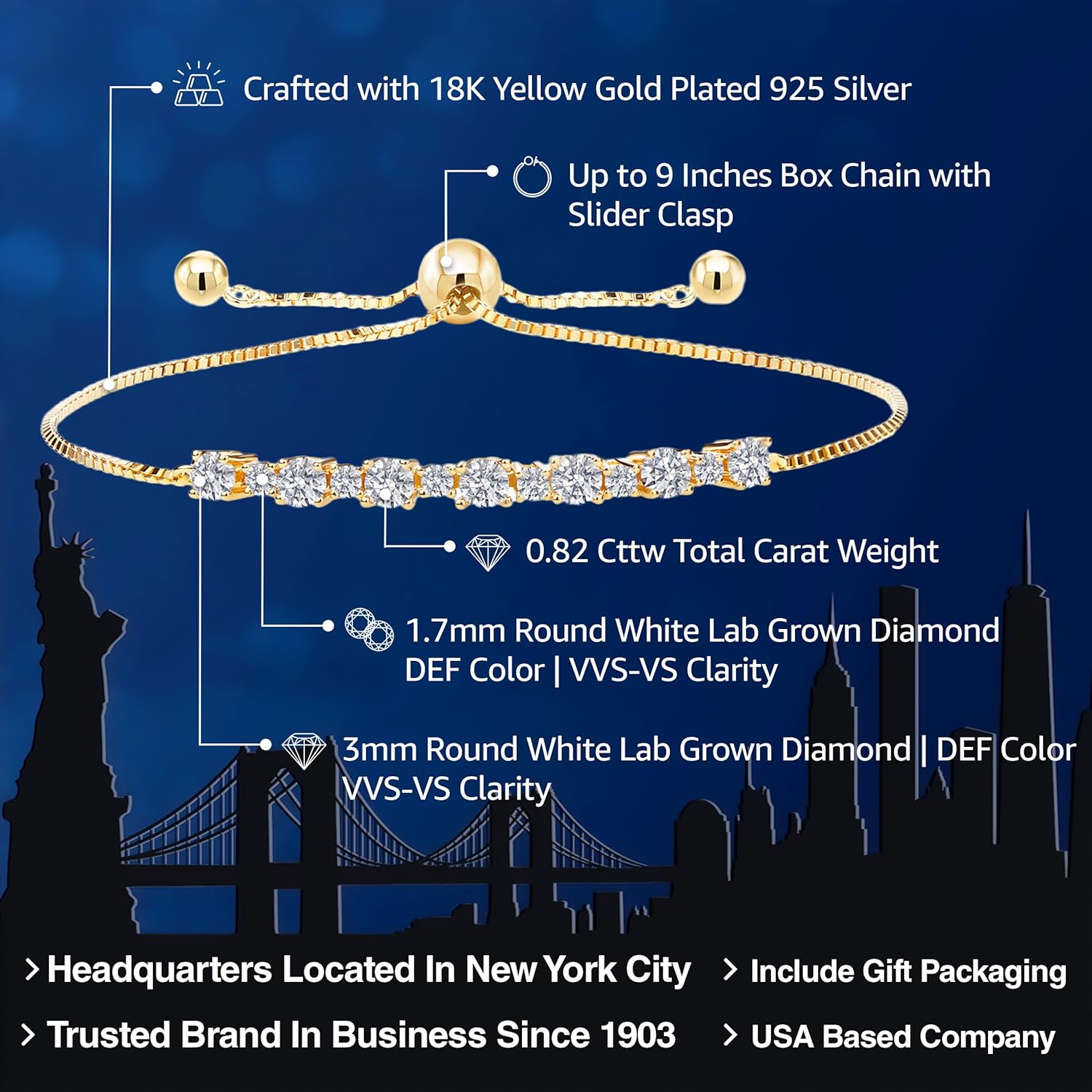 Gem Stone King 18K Yellow Gold Plated Silver White Lab Grown Diamond Bracelet for Women | 0.88 Cttw | Round 3MM and 1.7MM | Gemstone April Birthstone | Fully Adjustable Up to 9 Inch