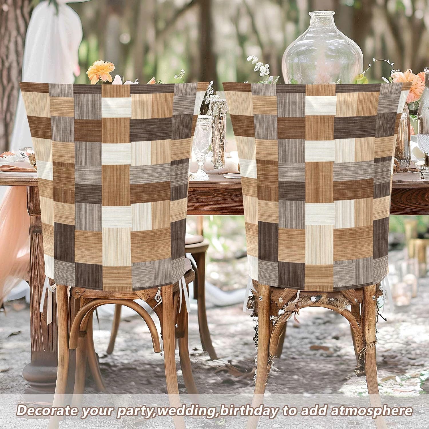 ALAZA Retro Beige Brown Plaid Chair Back Cover Set of 6, Washable Reusable Removable Chair Slipcovers Decorative Chair Cover for Home Kitchen Wedding Party