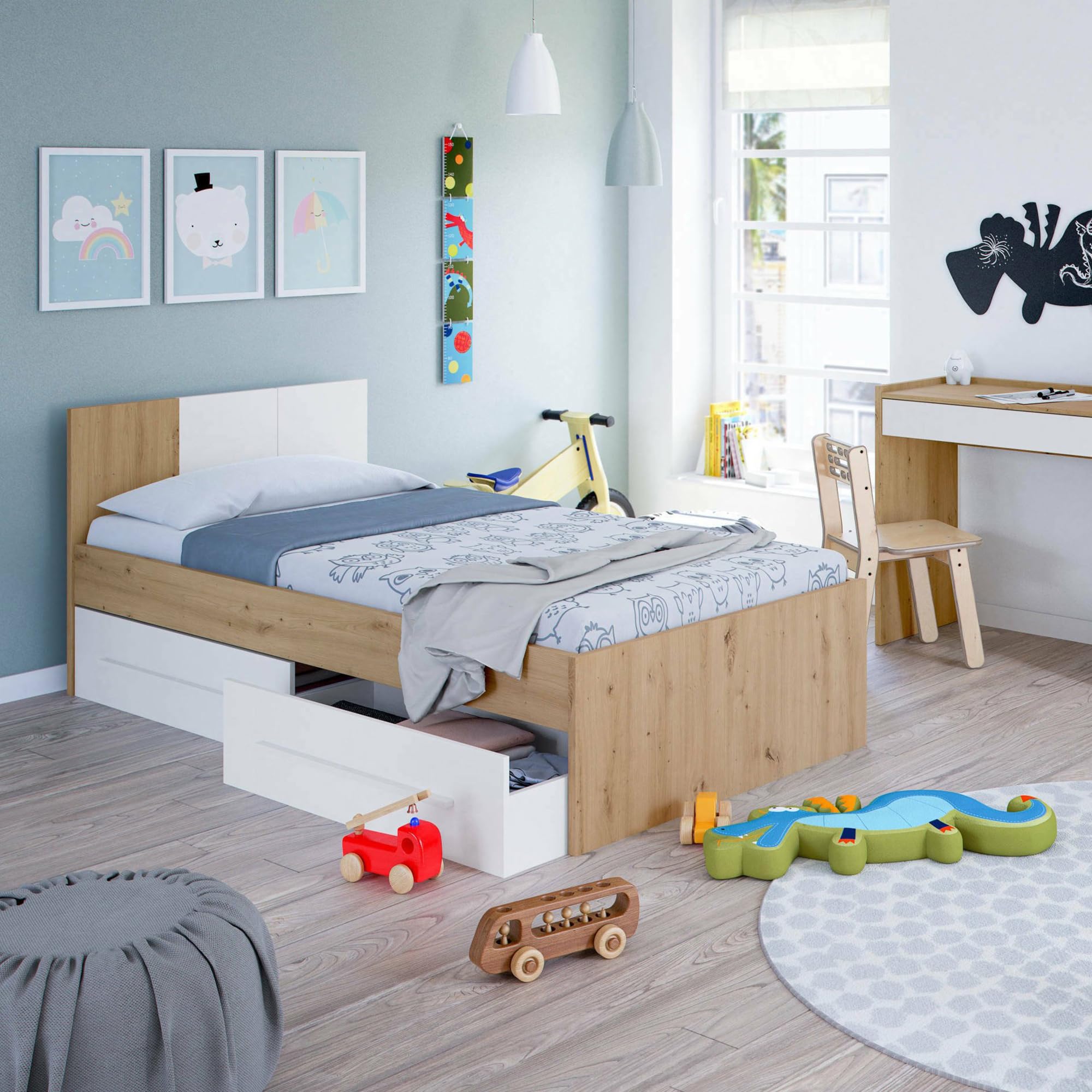 Dmora - Letto per bambini Anaheim, Letto singolo contenitore con testiera, Struttura letto 2 cassetti, 196x97h77 cm, Rovere nodi e Bianco