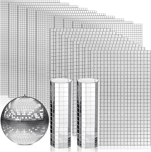 Haull Mosaico de espejos autoadhesivos de 0.197 x 0.197 in y 0.394 x 0.394 in, pequeños cuadrados de vidrio real, calcomanías de mosaico para