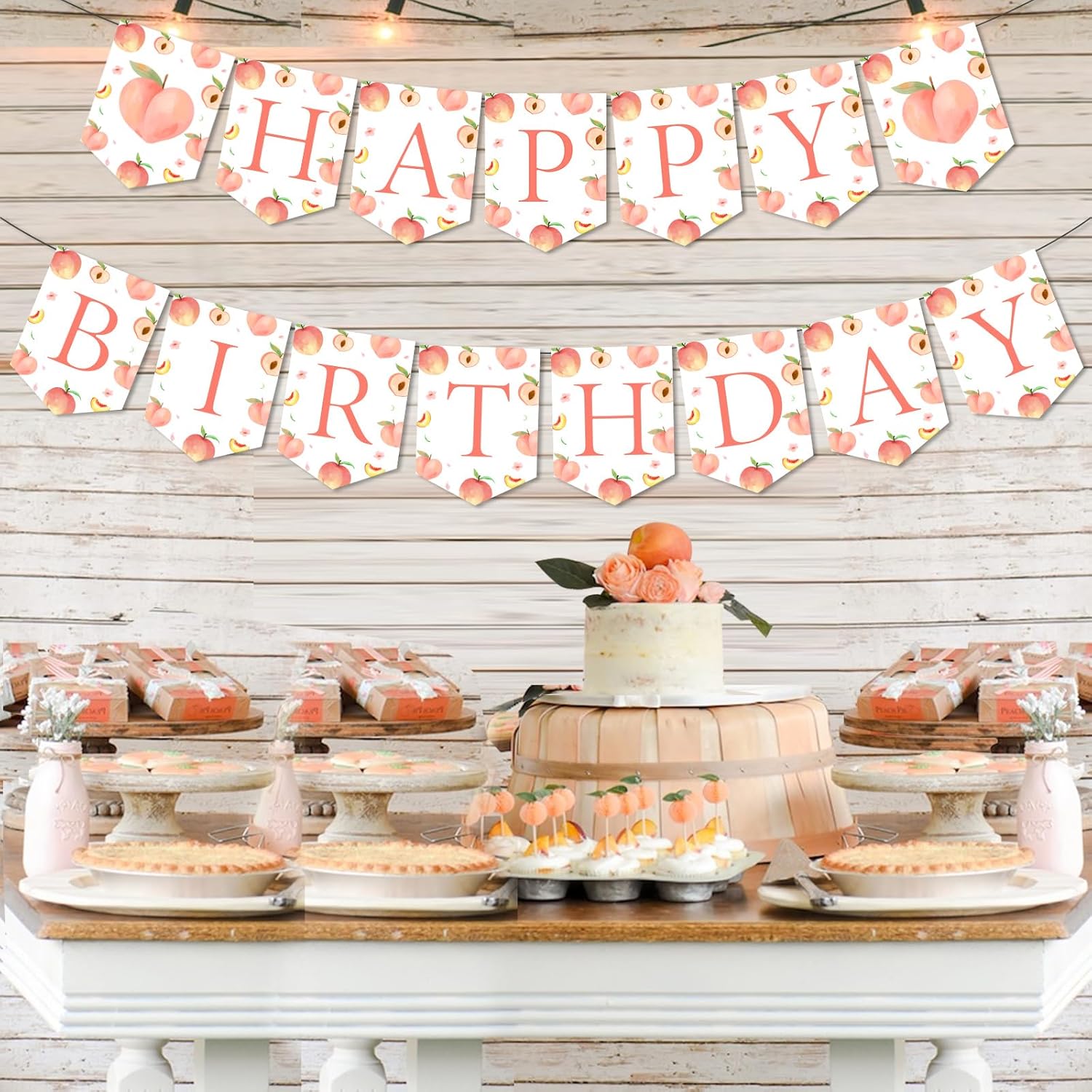Peach Happy Birthday Banner for Girl, Peach Themed Birthday Bunting Banner, Sweet as a Peach Birthday Party Decorations, Cake Smash Photo Props Backdrop