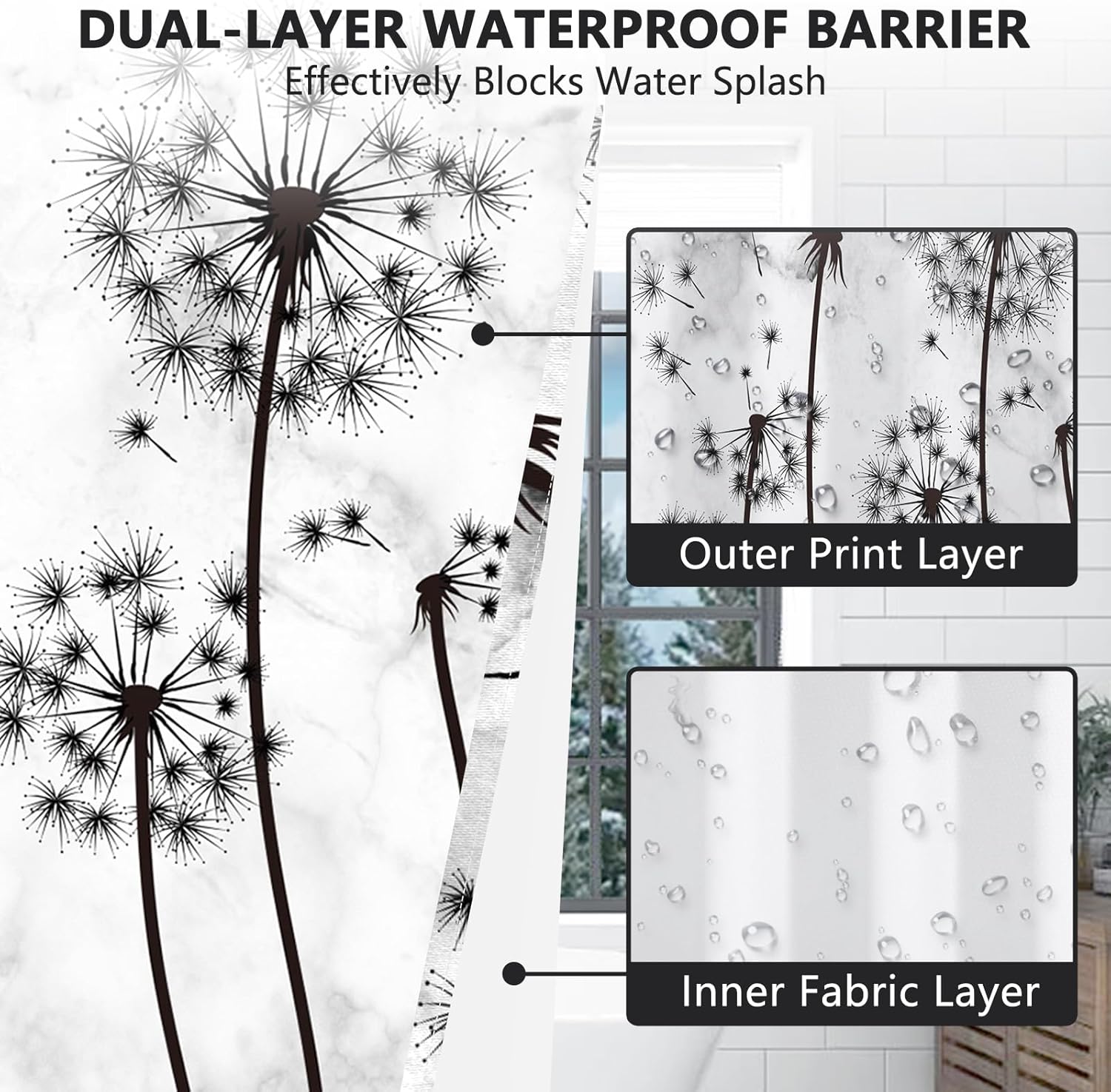 No Hook Bathroom Shower Curtain with Snap in Liner, Black and White Shower Curtain with See Through Window, Artistic Wandering Dandelion Pattern Waterproof Shower Curtains for Bathroom, 71x74 Inches