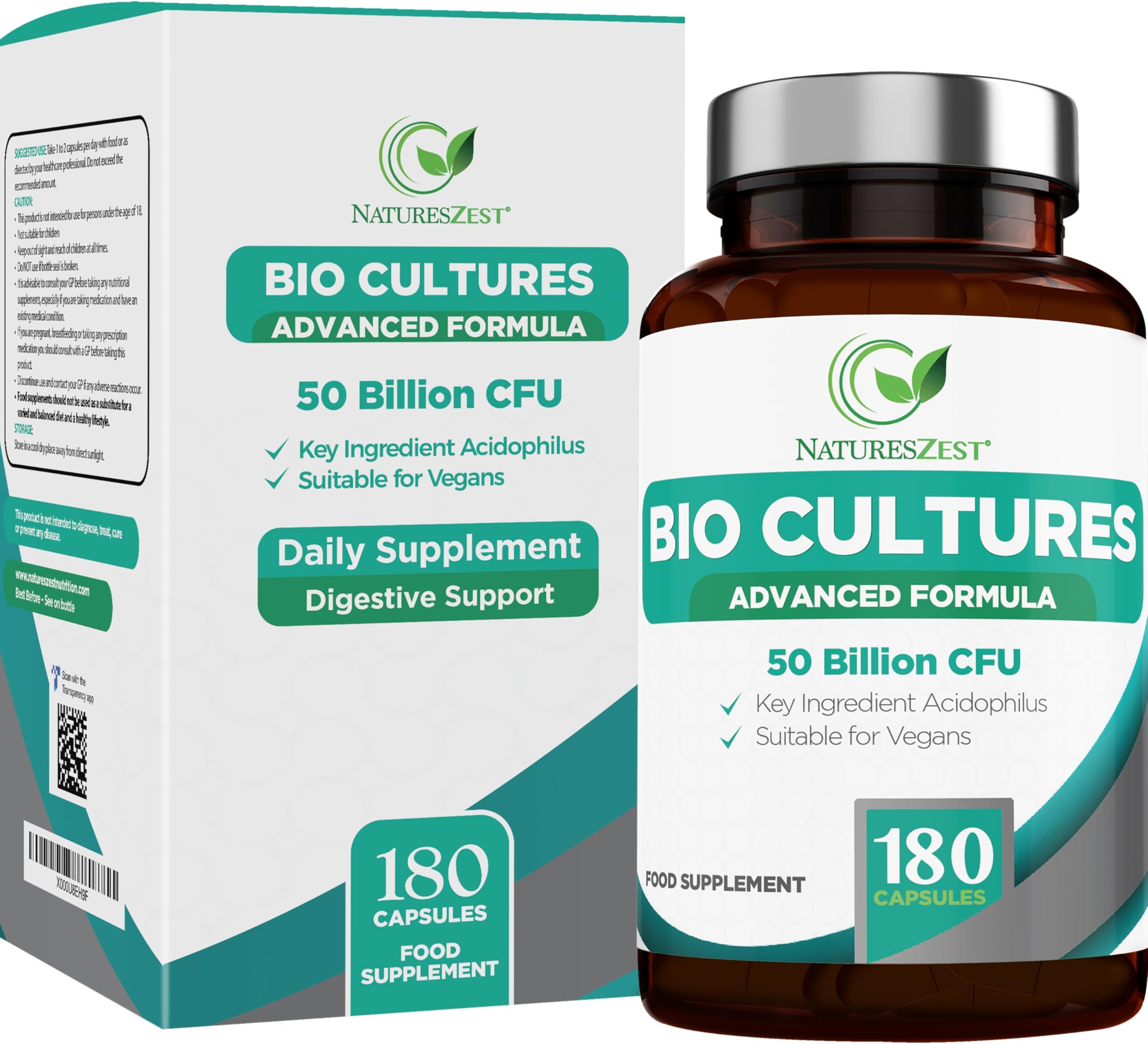 Bio Cultures Complex Probiotics & Prebiotics โ 50 Billion CFU โ 6 Months Supply โ Lactobacillus Acidophilus & Saccharomyces Boulardii โ 180 Vegan Capsules โ Probiotics for Gut Health for Women & Men