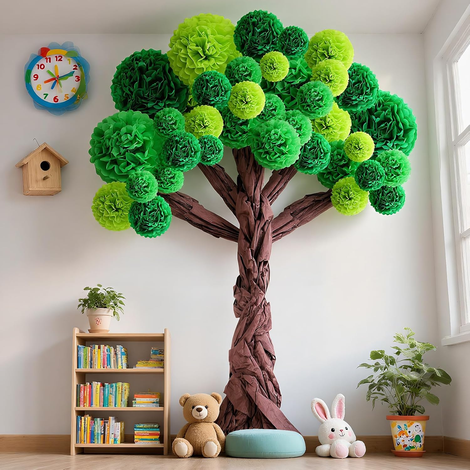 AmazingSpark Classroom Tree Bulletin Board Set DIY 3D Cardboard Tree with Paper Pom Poms Kraft Craft Bulletin Board Wall Educational Welcome Class Decor for School Elementary Teacher Chalkboard