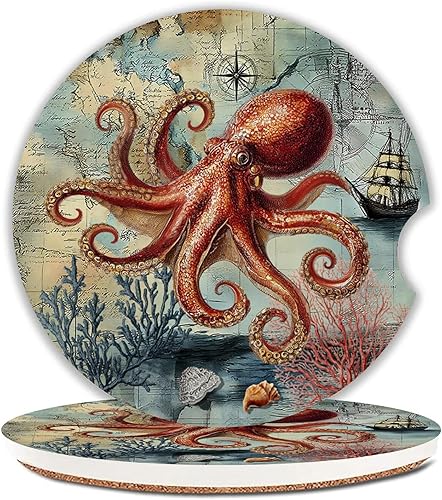 Miniatura 14 de Juego de 2 posavasos de mariposa para automóvil, portavasos de cerámica absorbente de 2.63 pulgadas, base de corcho antideslizante, con muesca de