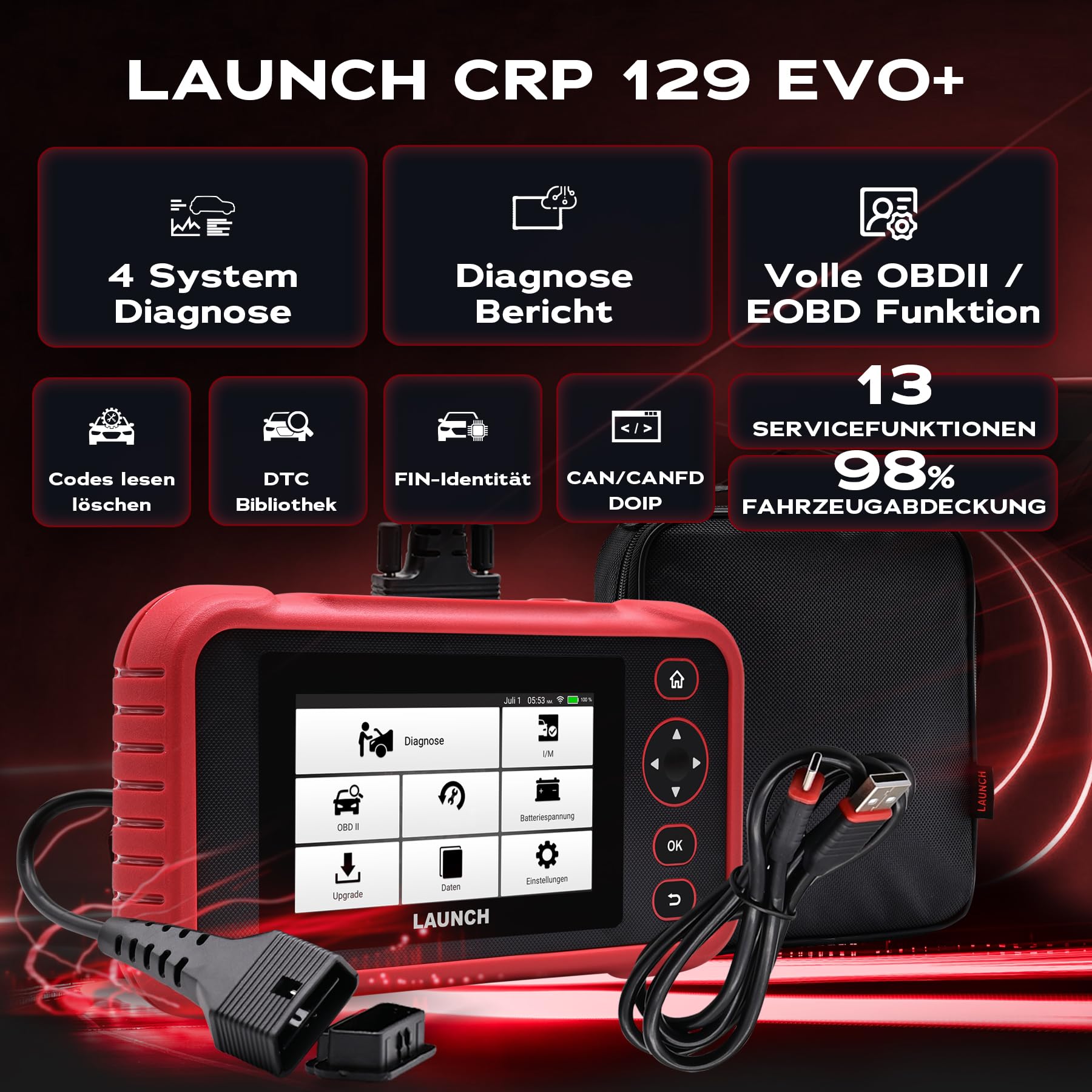 LAUNCH CRP 129 EVO+ V3 OBD2 Diagnosegerät für PKW, 4-Systeme, 13 Services | Live-Daten, Auto VIN, Berichte, CAN FD/DoIP-Protokolle, BST-360/i-TPMS & Feedback