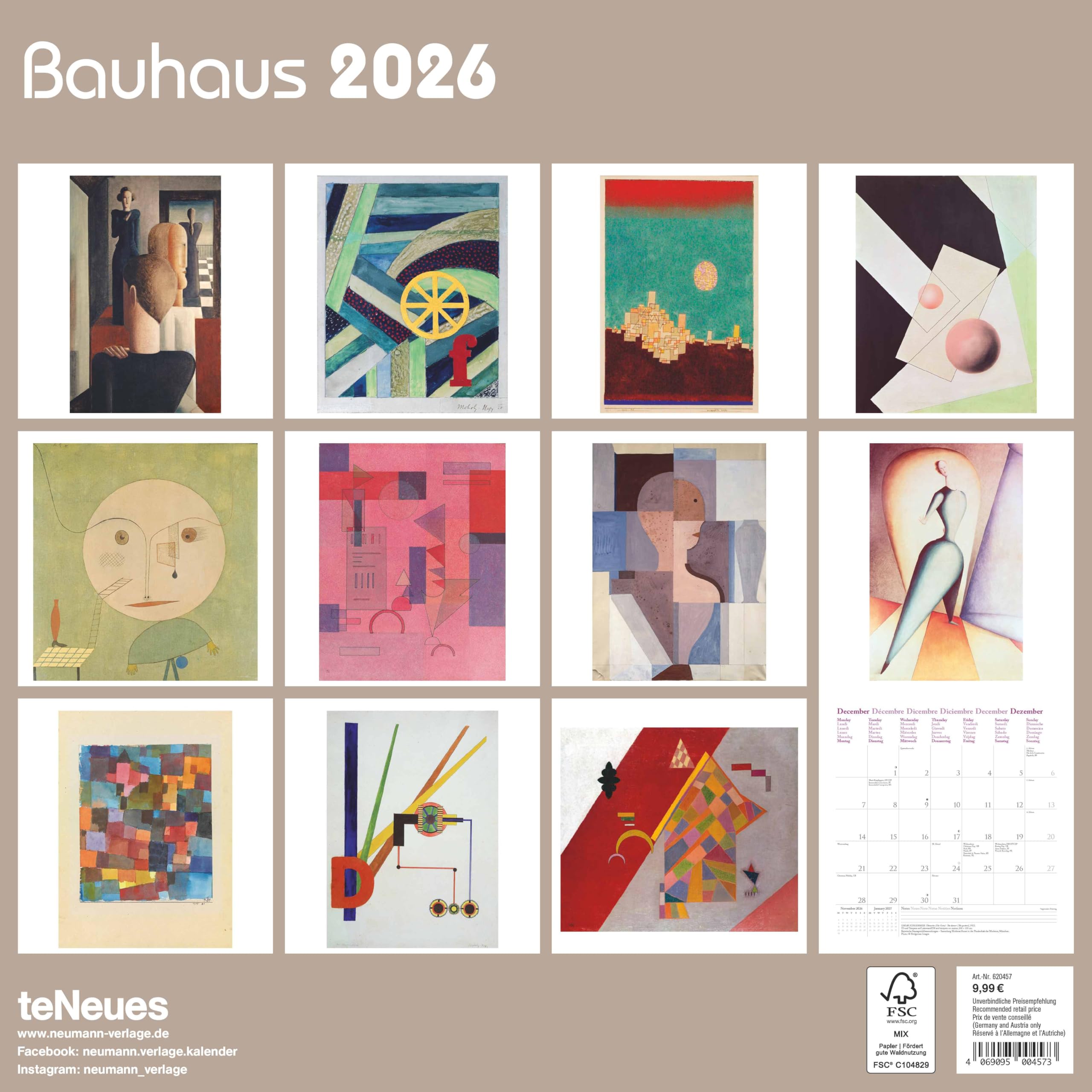 teNeues - Bauhaus 2026 – Kunst-Wandkalender 30x30 cm (30x60 cm geöffnet) | Broschürenkalender mit Meisterwerken für Bauhaus-Fans & Kunstliebhaber