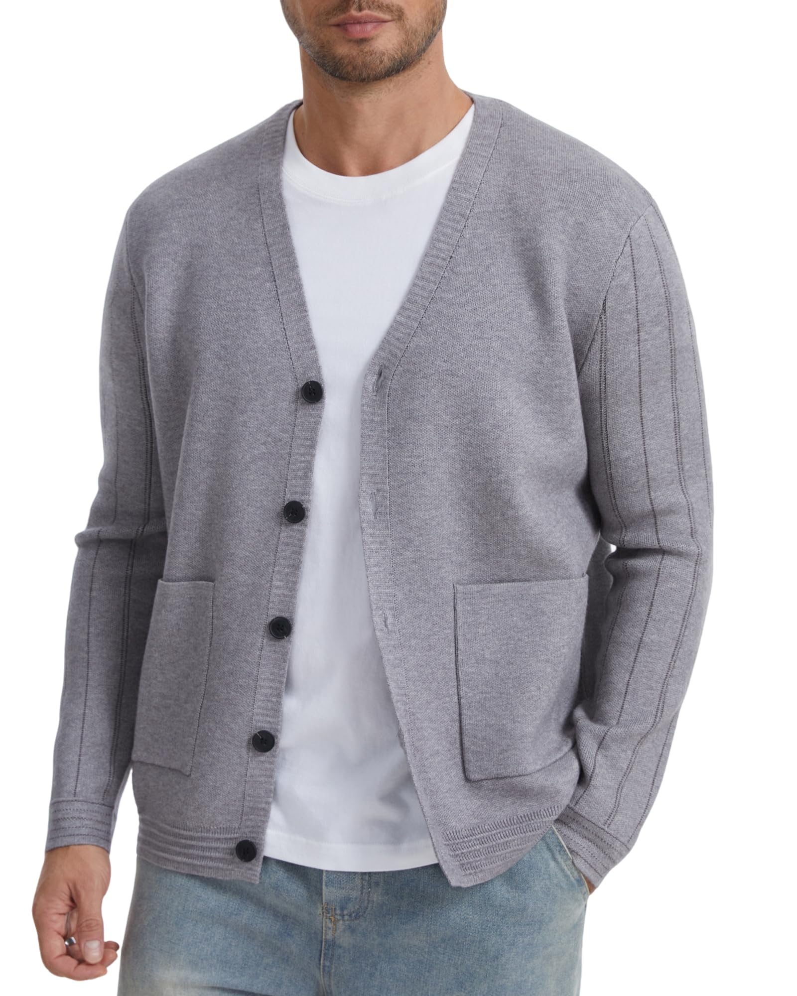 Men's Cardigan Sweater Button Front V-Neck Long Sleeve Knit Sweaters