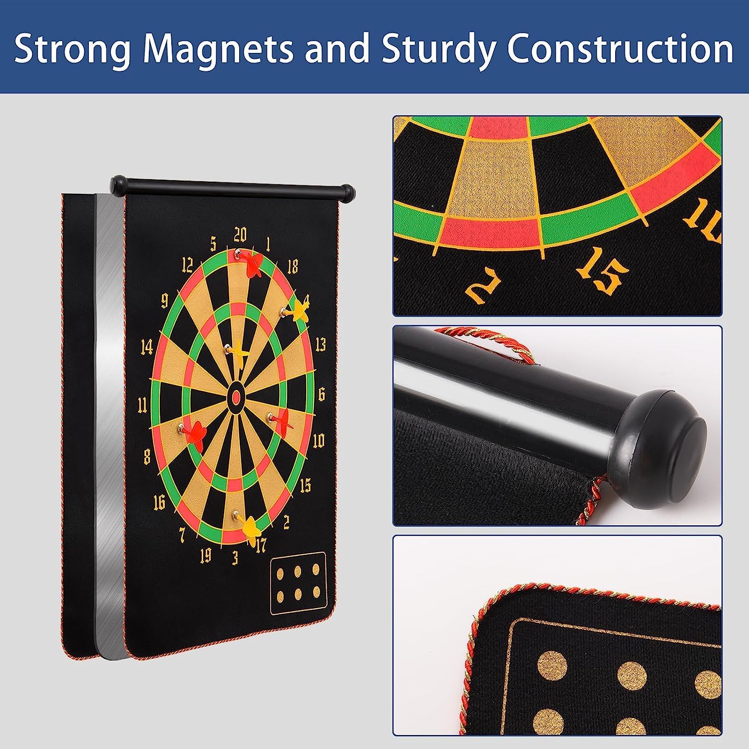 Pampam Toys Double-Sided Magnetic Dart Board Set, Indoor Outdoor Party Game with 12 Darts, Classic and Target Design, Black and Yellow 3