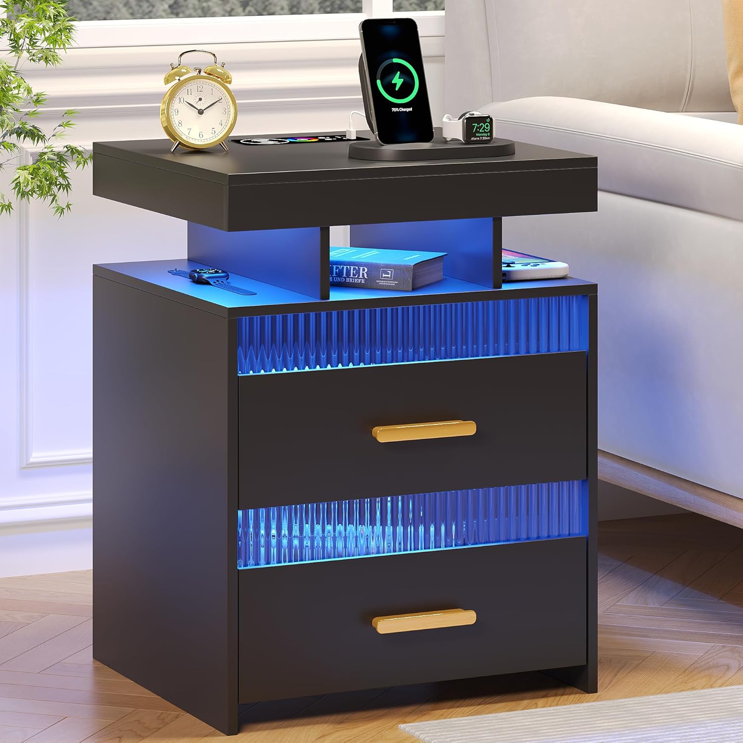 Smart Nightstand Bedside Table with Lights LED Night Stand
